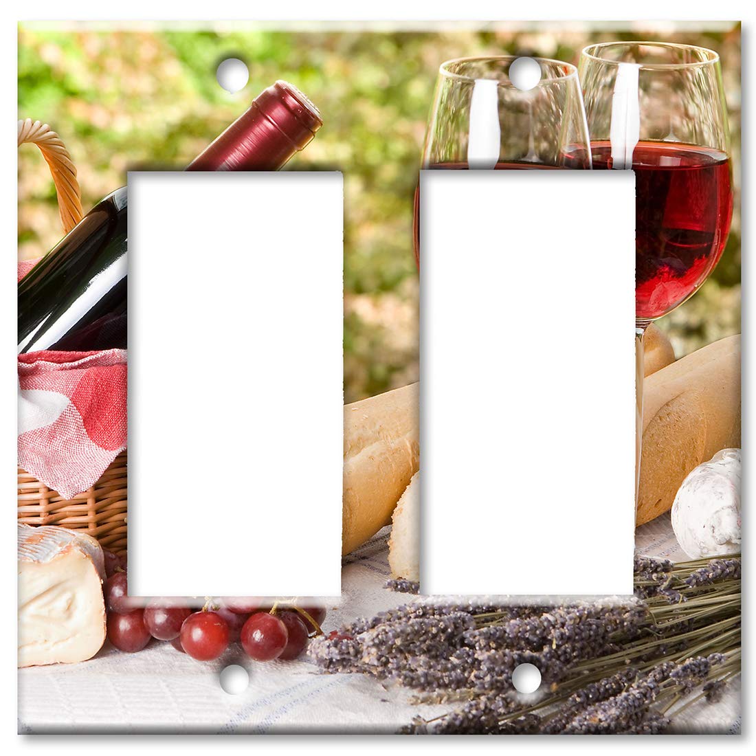 2-Gang Oversized Decorative Metal Rocker (Decora) Switch Plate Cover - Red Wine & Bread Design - Made in USA - Perfect for Kitchens, Dining Rooms & Home Decor