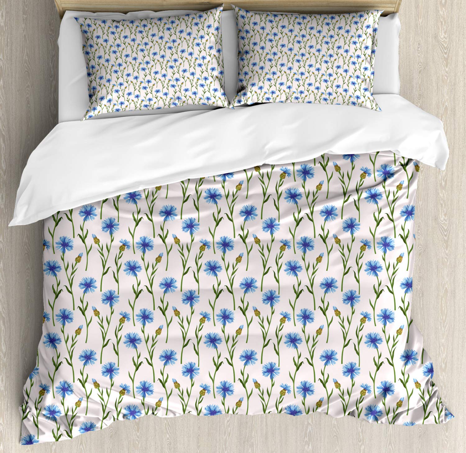 Ambesonne Floral Duvet Cover Set - Cornflowers Nature Print, Country Field Design, 3 Piece Bedding Set with 2 Pillow Shams, King Size, Blue Green - Perfect for Farmhouse, Cottage & Boho Bedroom Decor