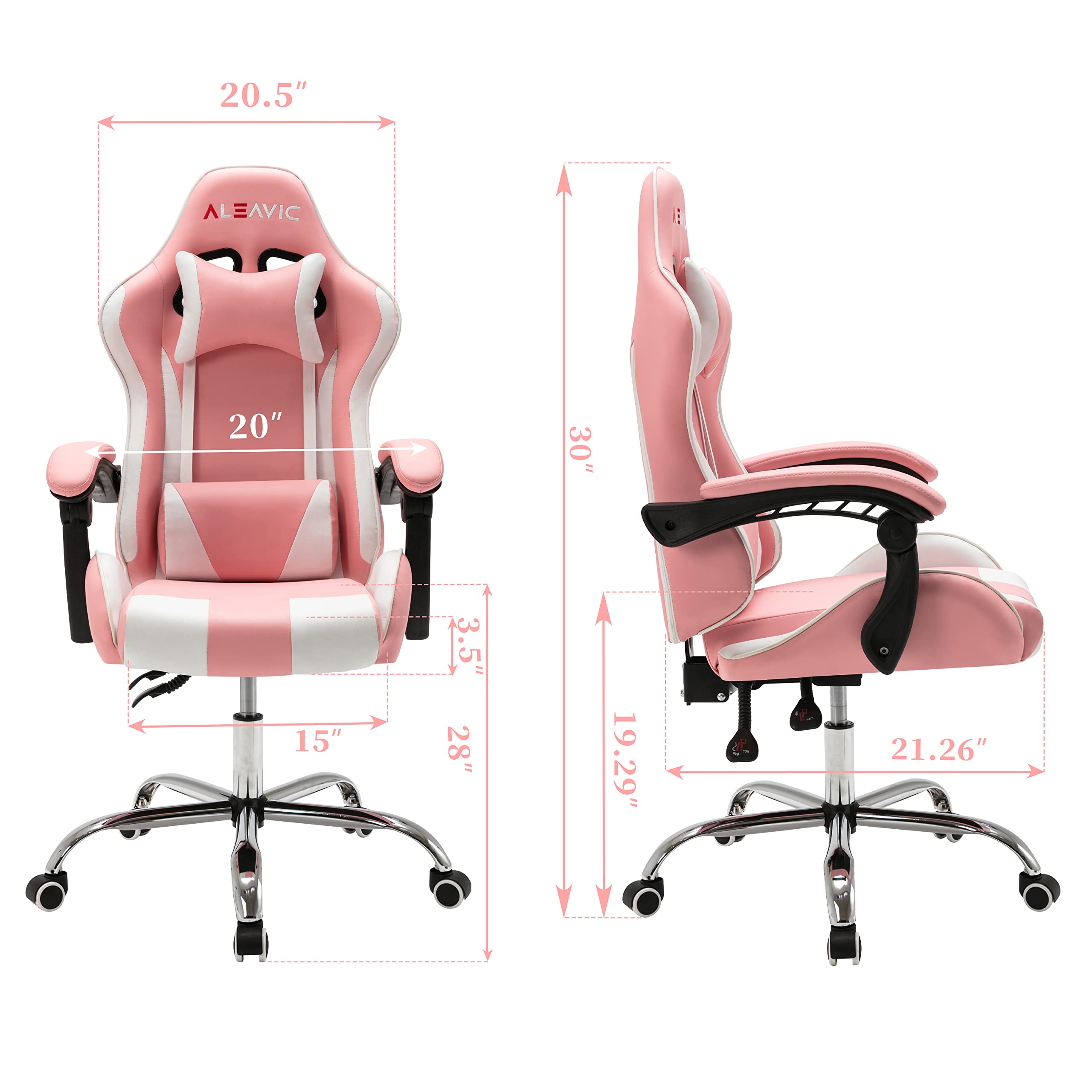 ALEAVIC Ergonomic Gaming Chair for Adults - High Back Computer Chair with Adjustable Headrest & Lumbar Support - Pink & White - Perfect for PC Gaming, Office Work & Home Desk Setup