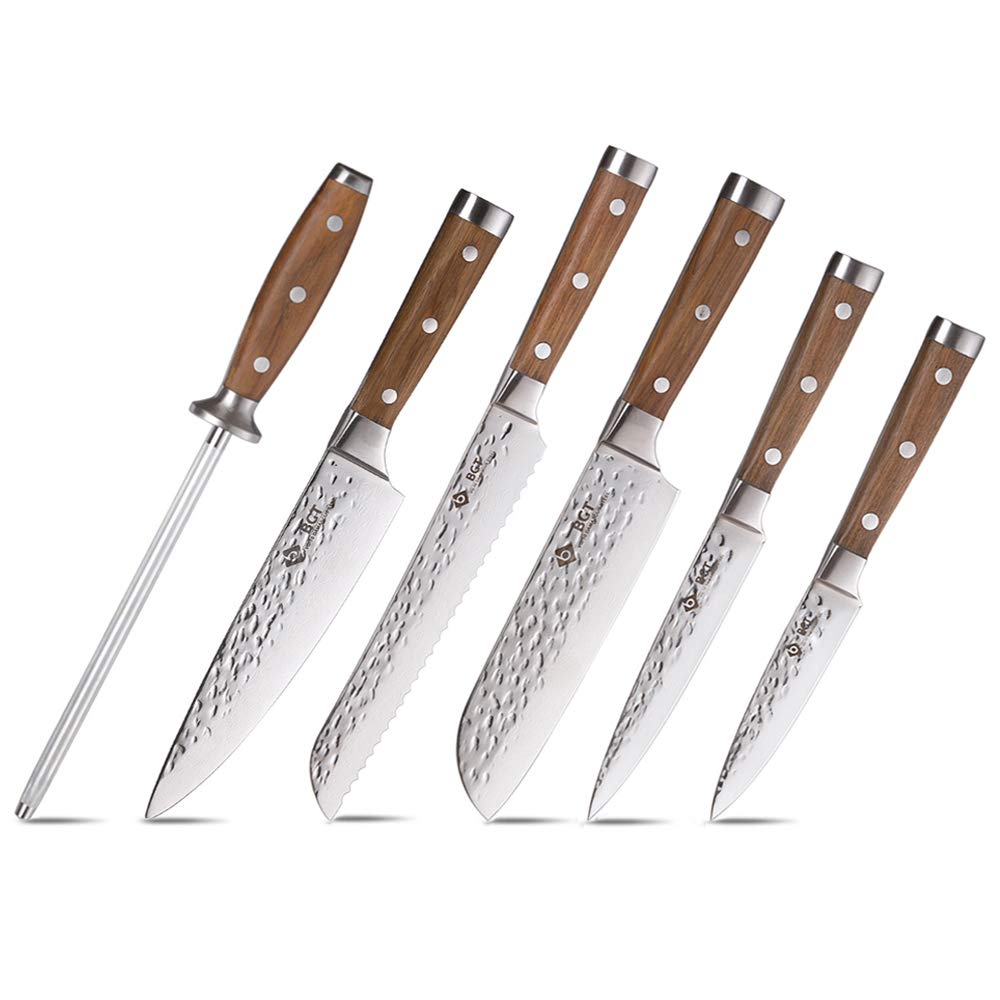 Premium 6-Piece Japanese Damascus Steel Knife Set - 67-Layer VG-10 Super Sharp Kitchen Knives with Teak Handle & Knife Roll Bag - Professional Hammered Chef Knives for Cooking, Slicing, Chopping - Perfect Gift for Home Chefs & Culinary Enthusiasts (Silver Blade)