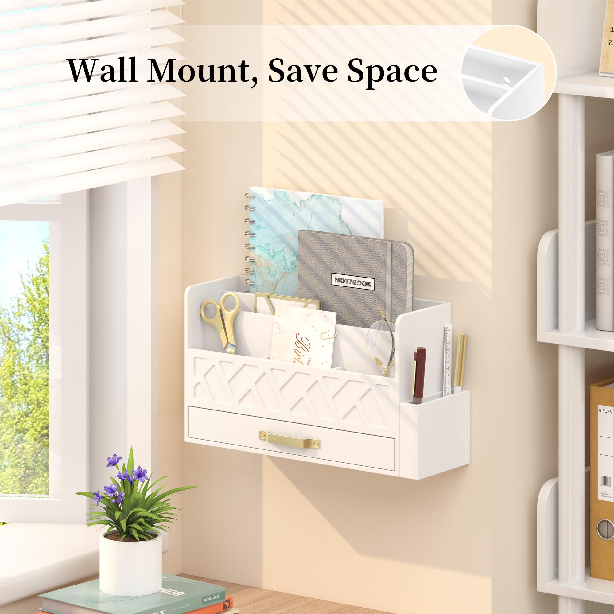 Wooden Desk Organizer with Drawer - Office Supplies File Sorter & Mail Organizer - Stylish White Desktop Accessories for Women - Perfect for Home Office, Workspace & Study Organization