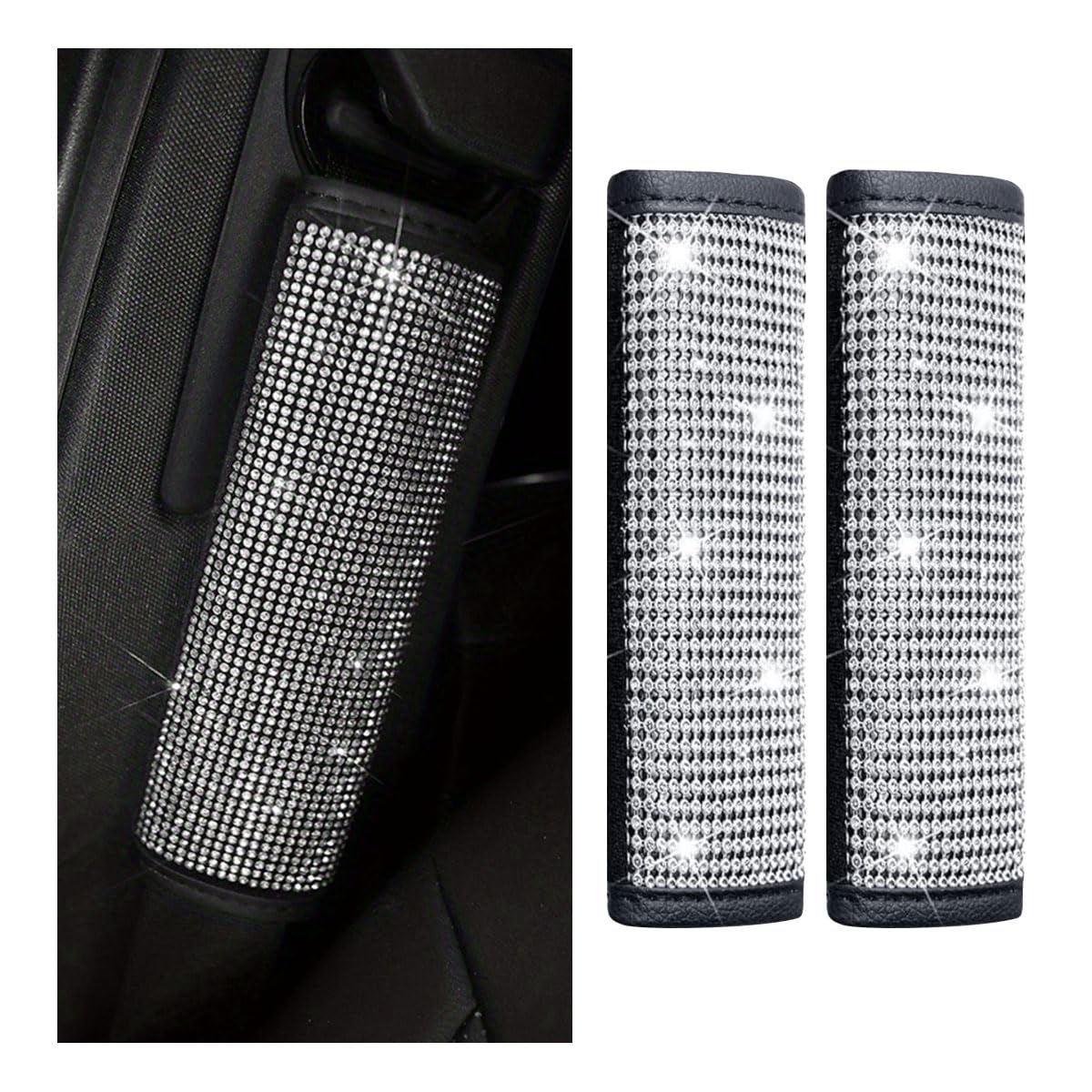 2PCS Rhinestone Bling Car Seat Belt Shoulder Pads - Crystal Diamond Seat Belt Covers for Women, Comfortable Car Seatbelt Strap Pads - Luxury Car Interior Accessories for SUV & Sedan (White Diamond) - Perfect for Daily Commute, Road Trips & Gift Giving