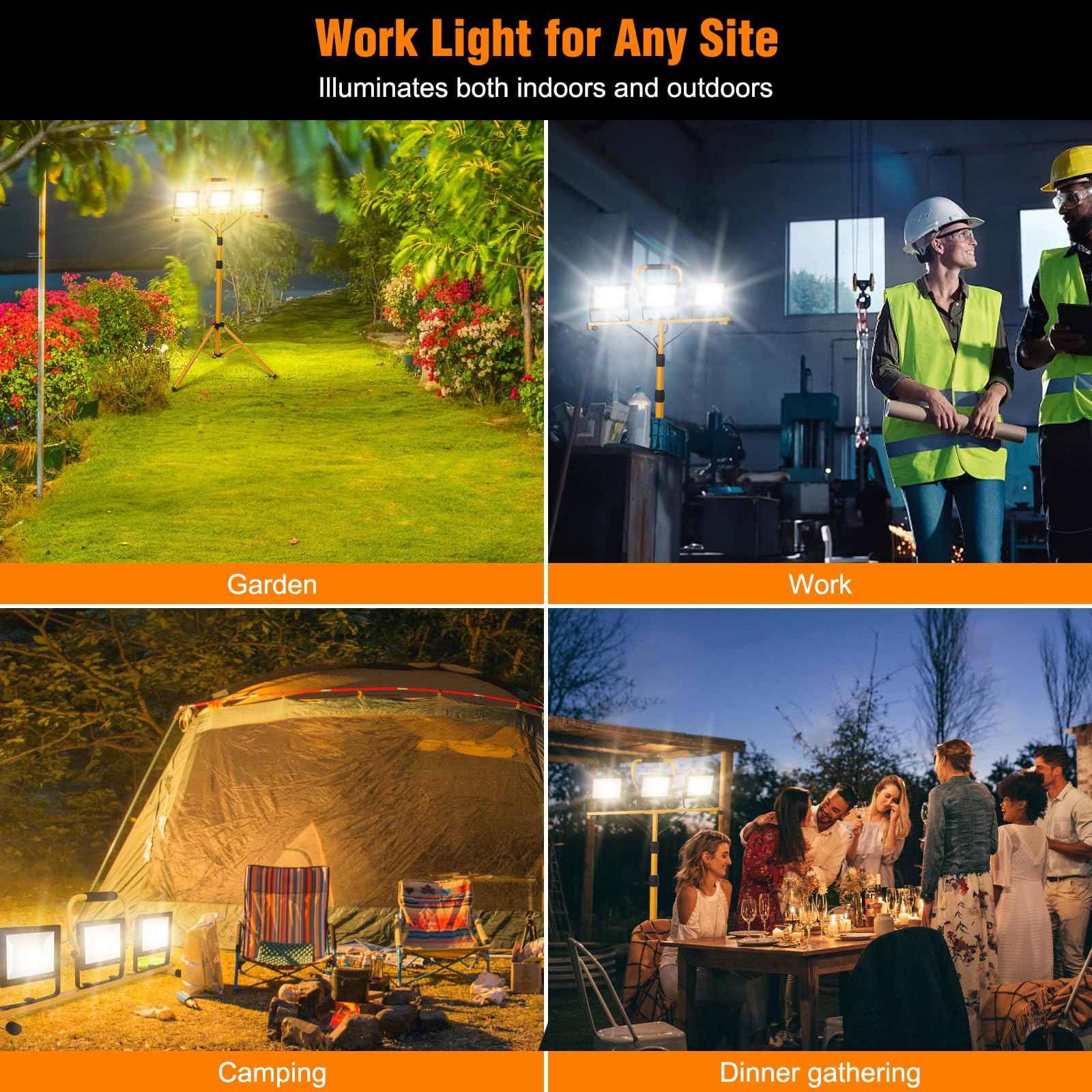 21,000 Lumen Heavy-Duty LED Work Light Stand with 2 Adjustable Heads & Collapsible Tripod - 6,500K Bright White Light for Construction, Auto Repair, and Outdoor Projects - Halogen Light Replacement