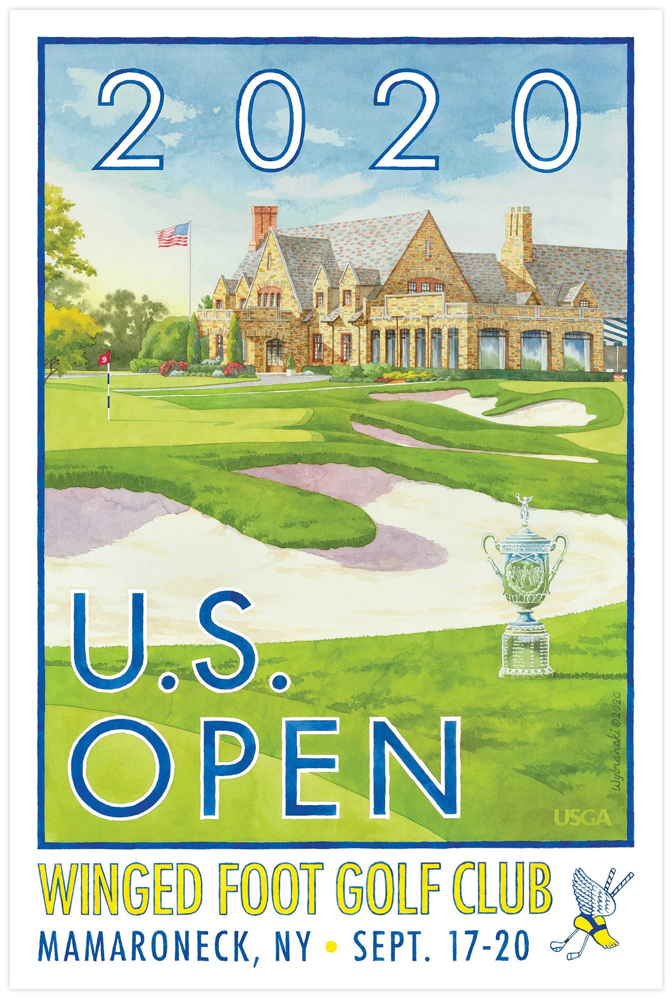 Lee Wybranski Official Golf Art Print - 2020 U.S. Open Championship at Winged Foot - 20x20 Inch Framed Canvas Wall Decor - Perfect Golf Gift for Men, Dad, Husband - Home Office, Man Cave, or Golf Clubhouse Display