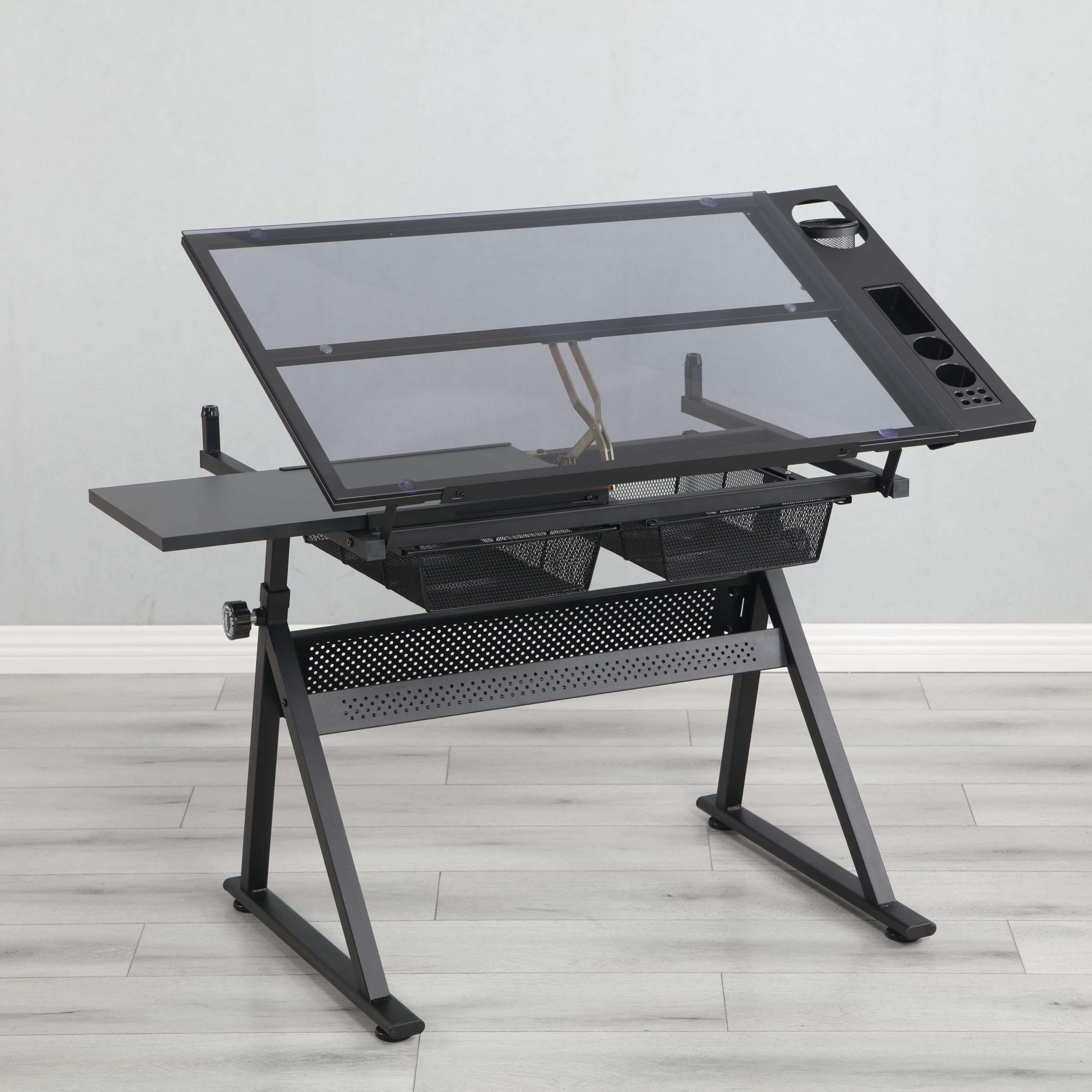 LOPOO Adjustable Height Drafting Table with Tempered Glass Top - 0-75° Tiltable Artist Drawing Desk & Chair Set, Black Glass - Perfect for Artists, Architects & Designers Studio Workspace