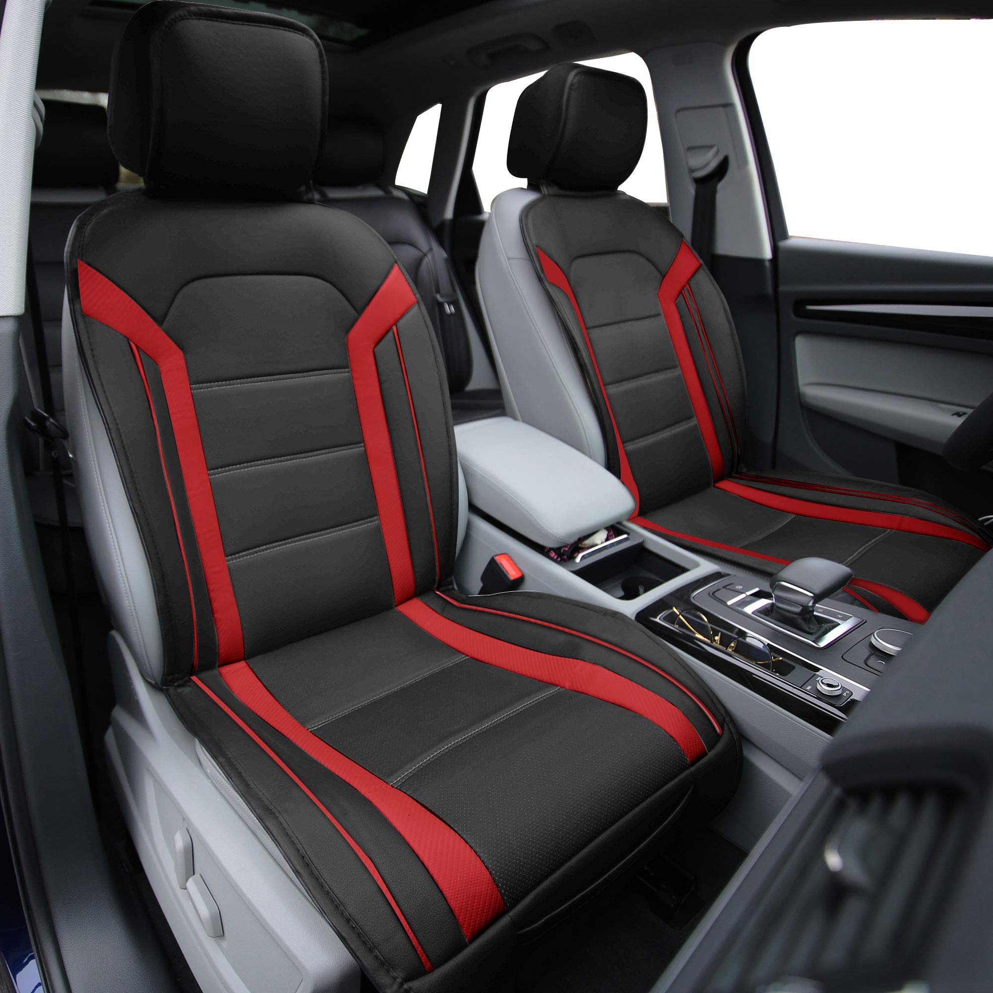 Premium TLH Futuristic Leather Seat Cushions (Front Only) - Red Universal Fit Car Seat Covers for Cars, Trucks & SUVs | Auto Interior Accessories & Seat Protectors | Perfect for Long Drives & Commuting