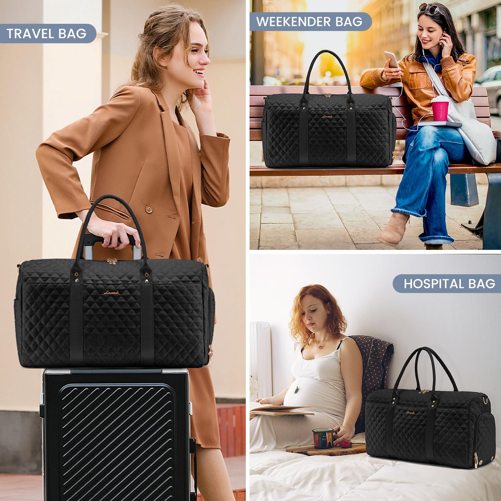 LOVEVOOK Travel Duffle Bag for Women - Waterproof Carry On Overnight Bag with Shoe Compartment & Wet Pocket - Gym, Hospital, Weekend Getaway & Maternity Bag - Includes Free Toiletry Bag for Travel, Workout & Labor Delivery