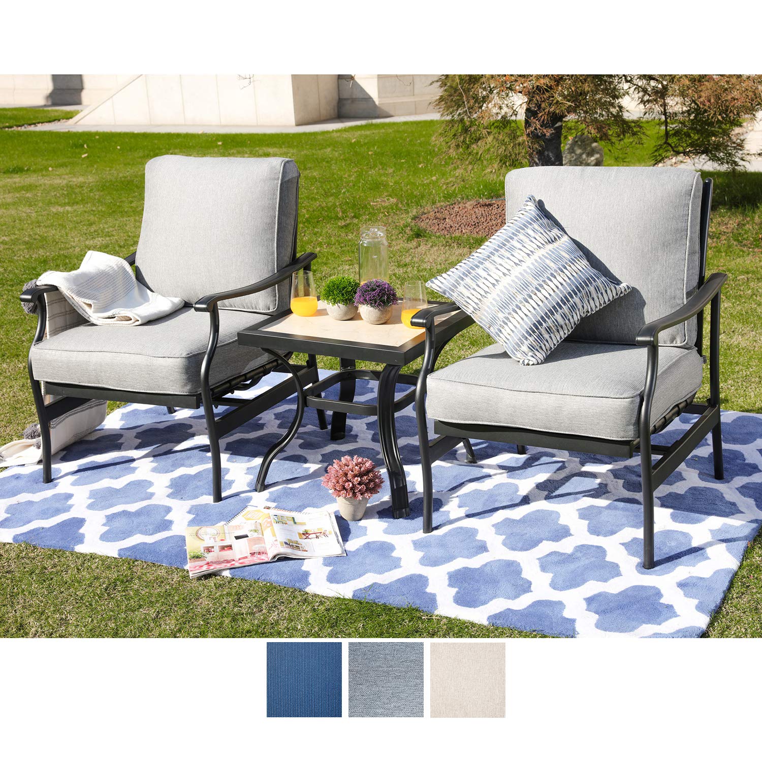3-Piece Outdoor Patio Dining Set - Square Metal Table & 2 Armchairs with Thick Cushions - Grey Garden Bistro Furniture for Backyard, Deck, and Poolside Relaxation