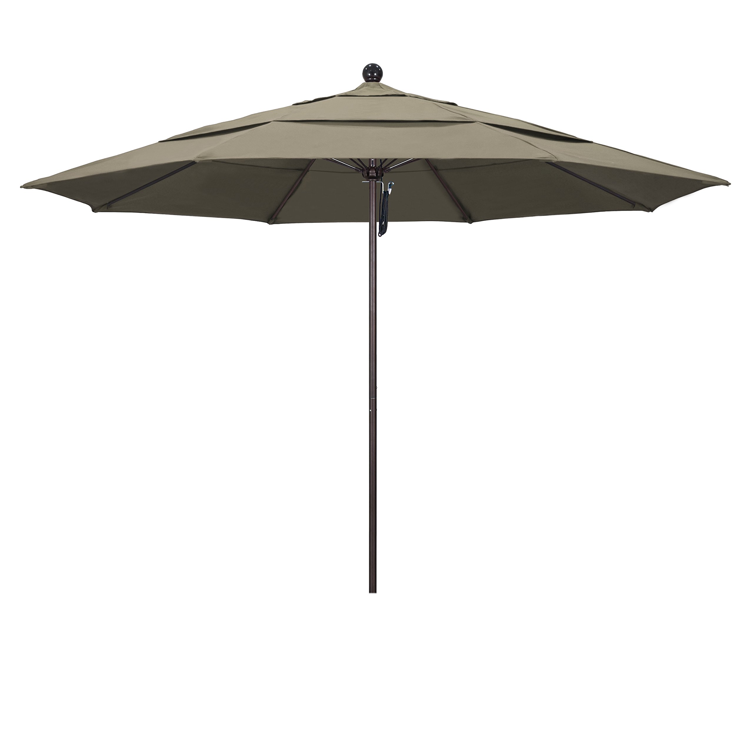 11' Round California Umbrella with Aluminum/Fiberglass Frame & Bronze Pole - Pulley Lift System - Pacifica Taupe Fabric for Patio, Poolside, and Outdoor Dining Areas