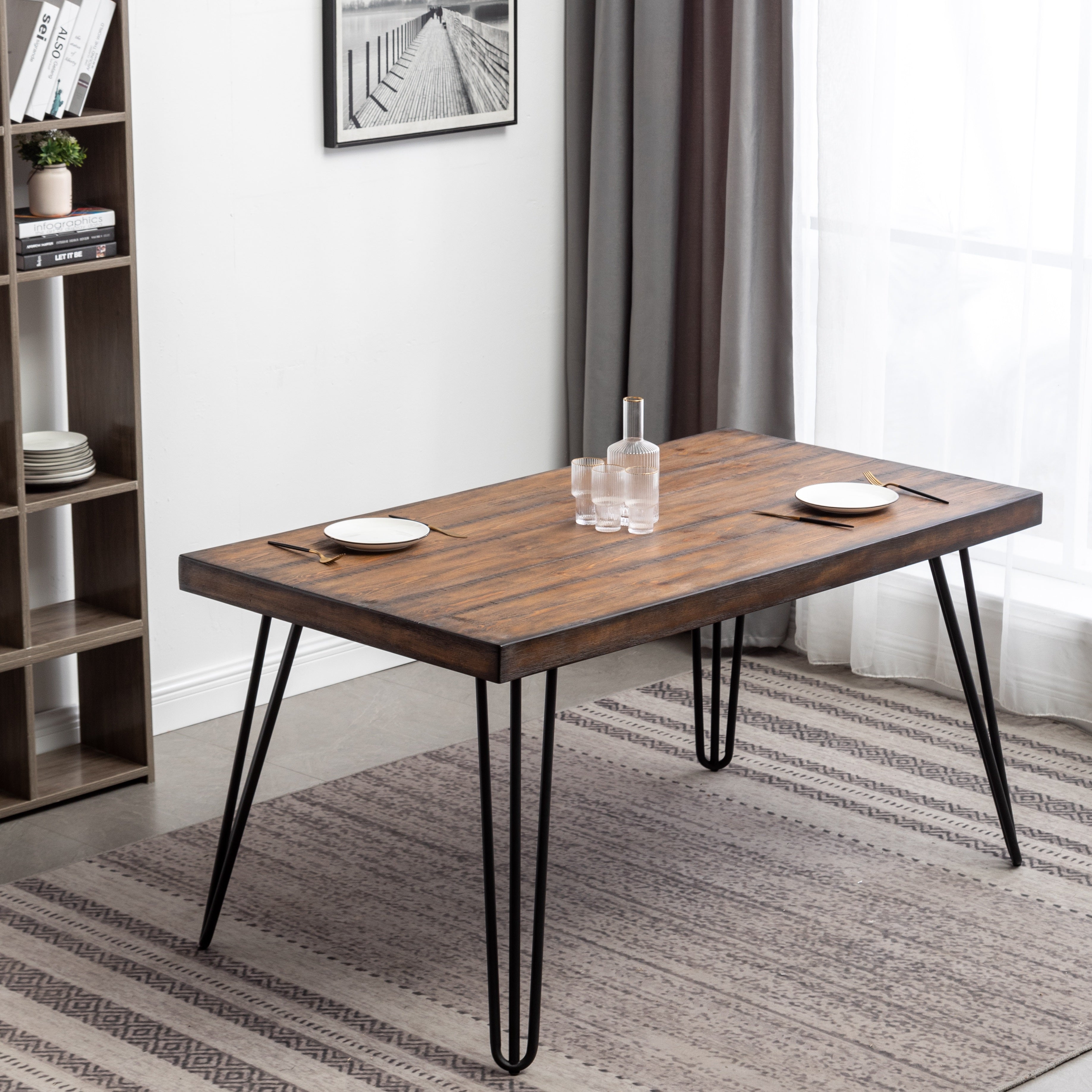 Roundhill Furniture Aryven Industrial Metal Hairpin Leg Dining Table - Rustic Dark Pine Wood - Perfect for Farmhouse, Modern & Vintage Dining Rooms