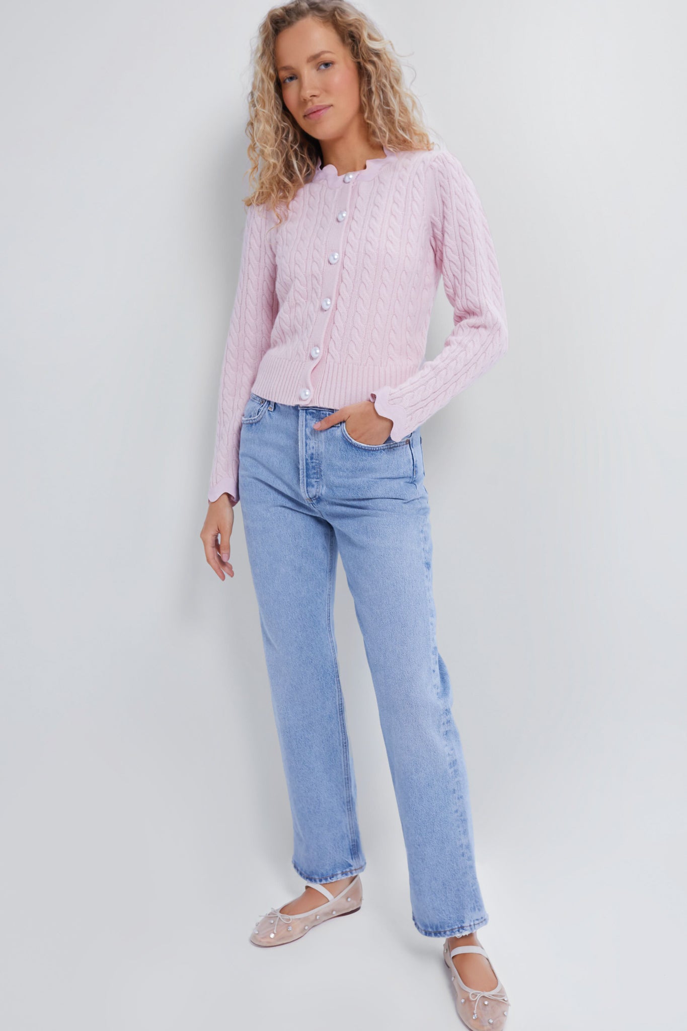 Soft Blush Pink Cable Knit Cardigan Sweater for Women - Cozy Fall & Winter Layering Piece for Casual Outfits and Office Wear