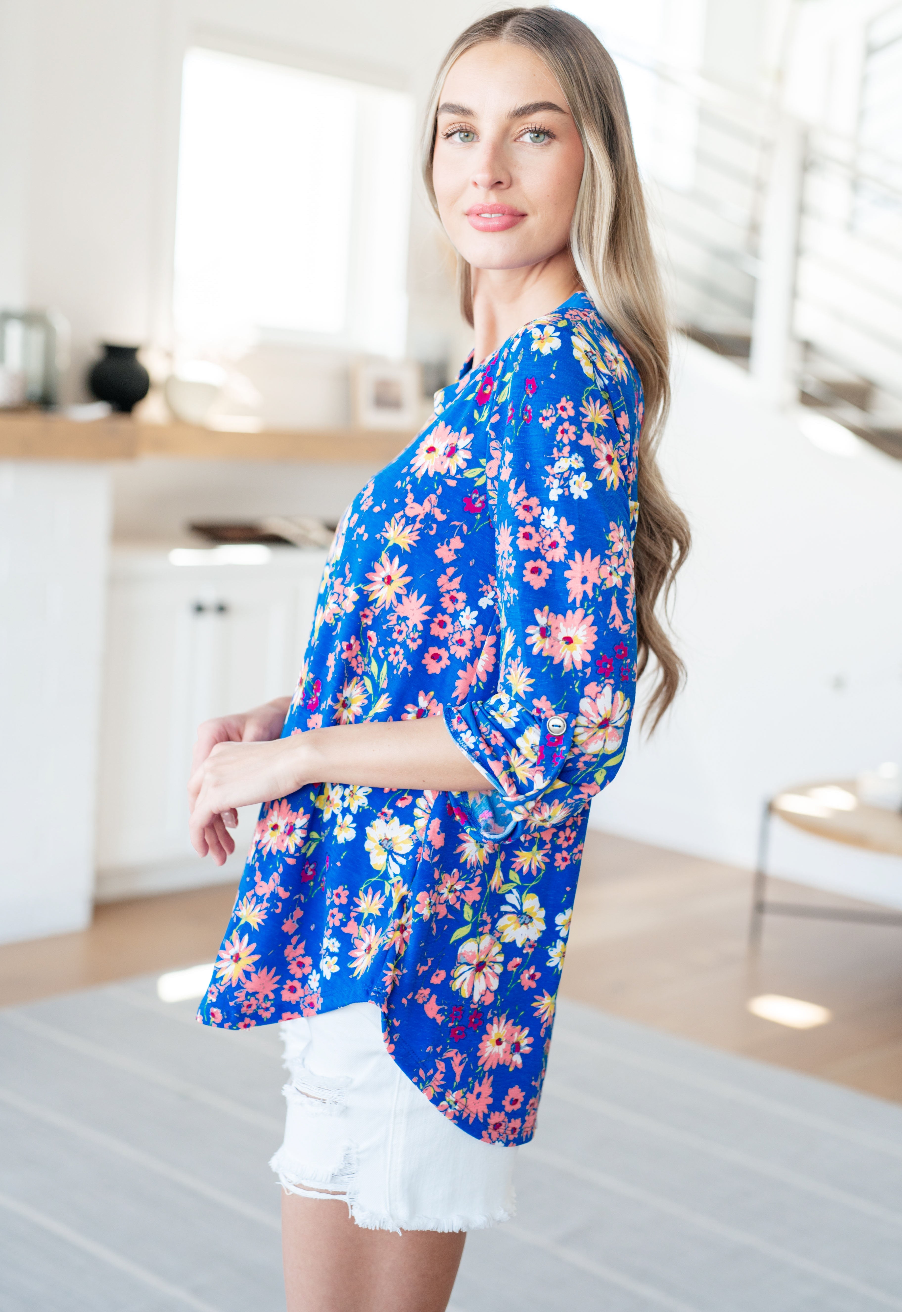 Lizzy Top - Royal & Blush Floral Print Women's Blouse | Perfect for Casual Outings, Date Nights & Spring Fashion