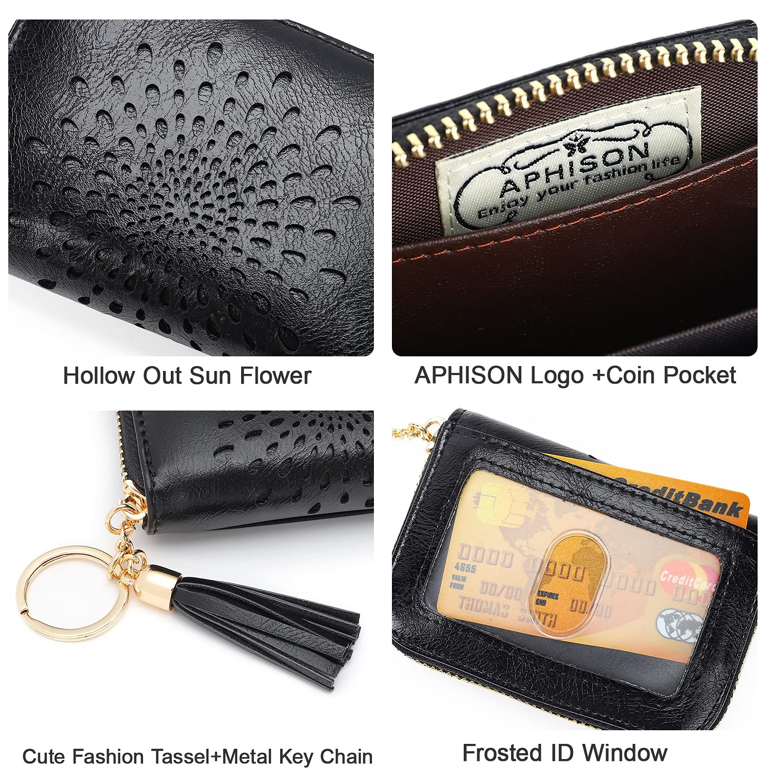 APHISON RFID Blocking Credit Card Holder - Slim Zipper Card Case with Keychain, Small Wallet for Women (Black) - Perfect for Travel, Work & Everyday Use
