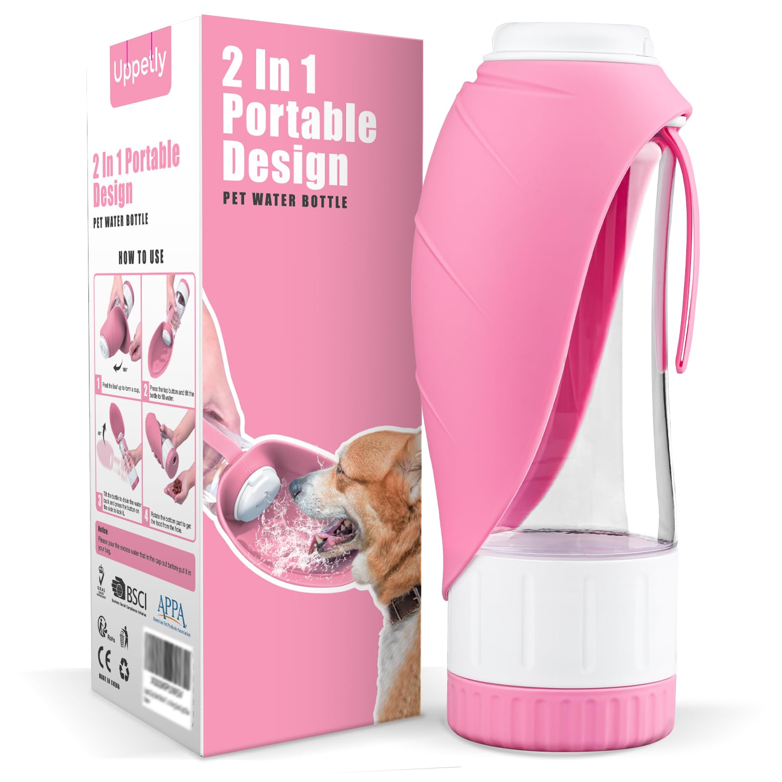 Portable Dog Water Bottle with Food Container - Leakproof BPA-Free Foldable Pet Water Dispenser & Drinking Feeder for Outdoor Walking, Hiking, Travel - Perfect for Dogs, Puppies & Pets on the Go (Large, Pink)