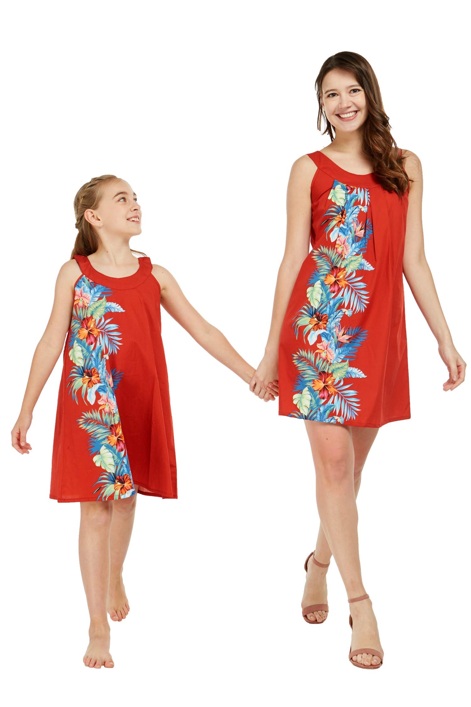 Hawaiian Luau Matching Mother Daughter Dresses - Round Neck Shift Dress Set in Orchid Paradise Print | Tropical Vacation Outfits for Beach Party, Family Reunion & Summer Photoshoot