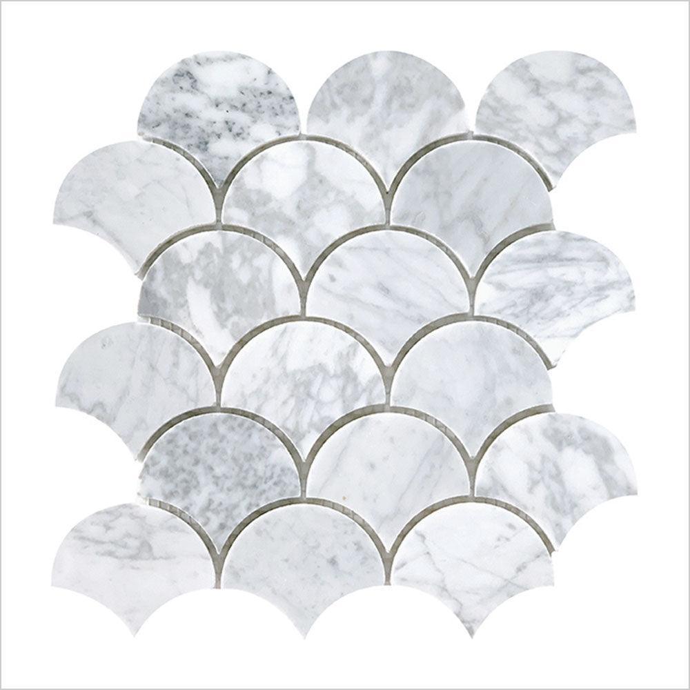 Ocean Carrara Fish Scale 80x70 Honed Marble Mosaic Tile (Per Sheet) - Elegant Bathroom & Kitchen Backsplash, Shower Wall, and Flooring Design