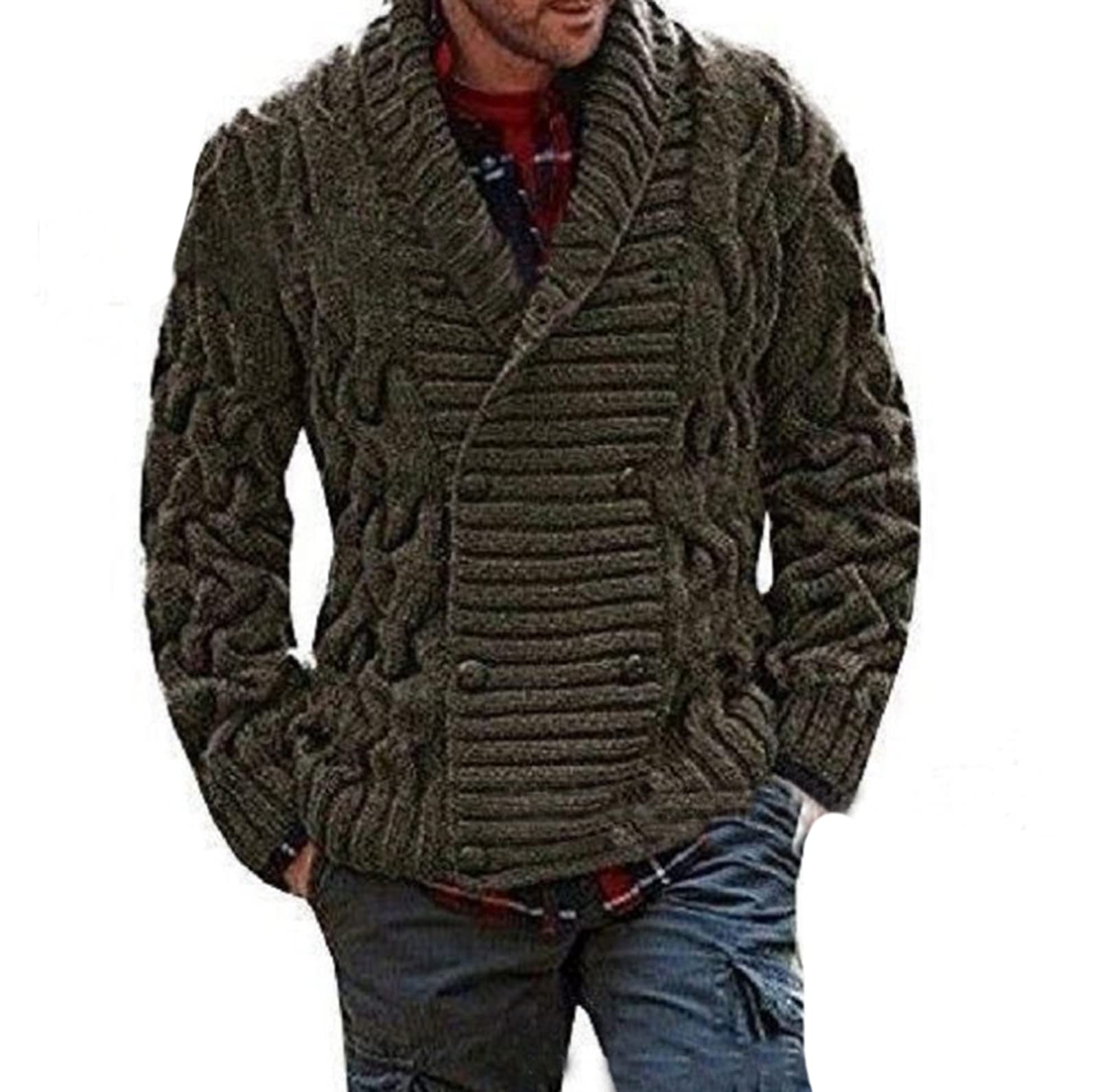 Men's V-Neck Cable Knit Cardigan Sweater - Warm Button Up Shawl Collar Pullover for Casual & Office Wear
