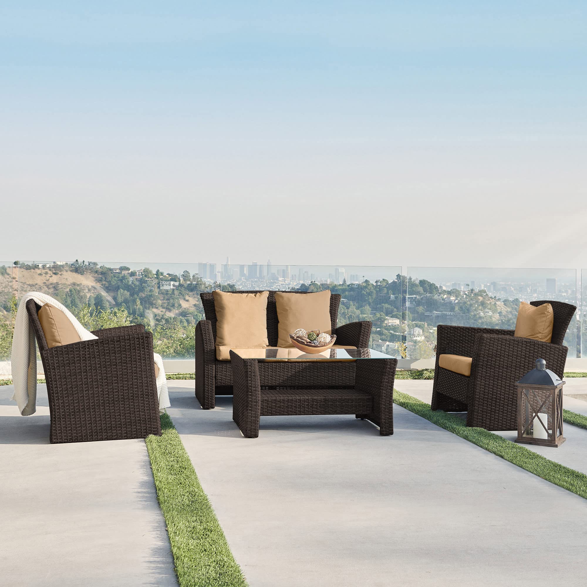 BELLEZE 4-Piece Rattan Patio Furniture Set with Cushions - Wicker Outdoor Sectional Sofa, Chairs & Coffee Table - Brasilia Brown - Perfect for Backyard, Poolside & Summer Relaxation