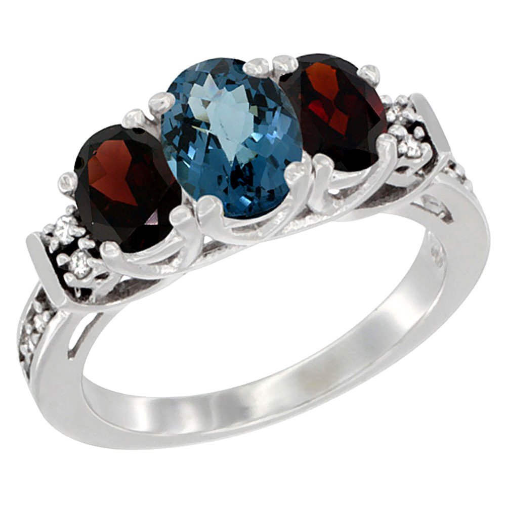 14K White Gold Natural London Blue Topaz & Garnet 3-Stone Ring with Oval Diamond Accents - Sizes 5-10 - Perfect for Engagement, Anniversary & Special Occasion Gifts