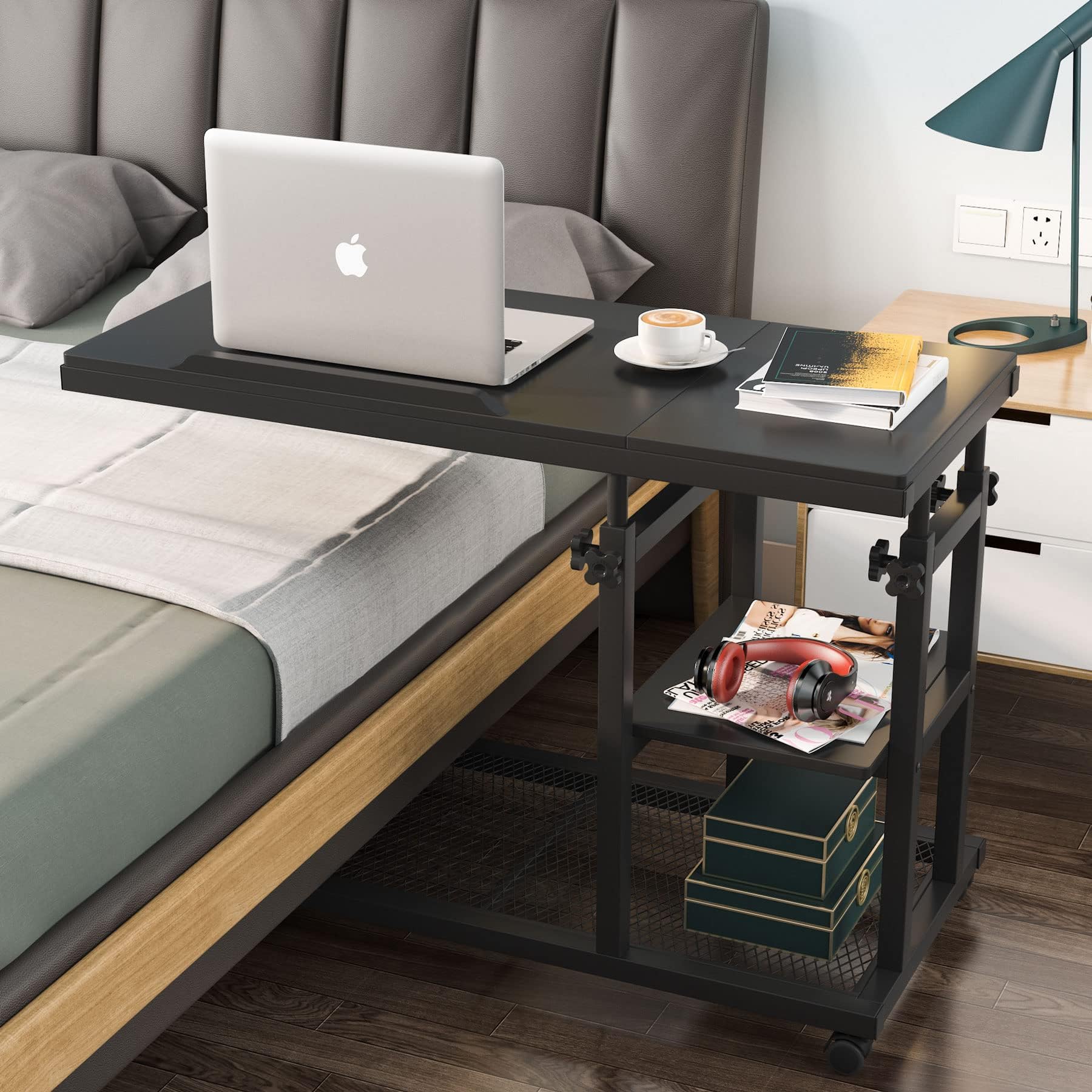 Tribesigns Adjustable Height C-Shaped Table with Wheels - Mobile Sofa Side Table, Tiltable Drawing Board, Bedside Laptop Stand & TV Tray with Storage Shelves - Perfect for Living Room, Bedroom, Office (Black)