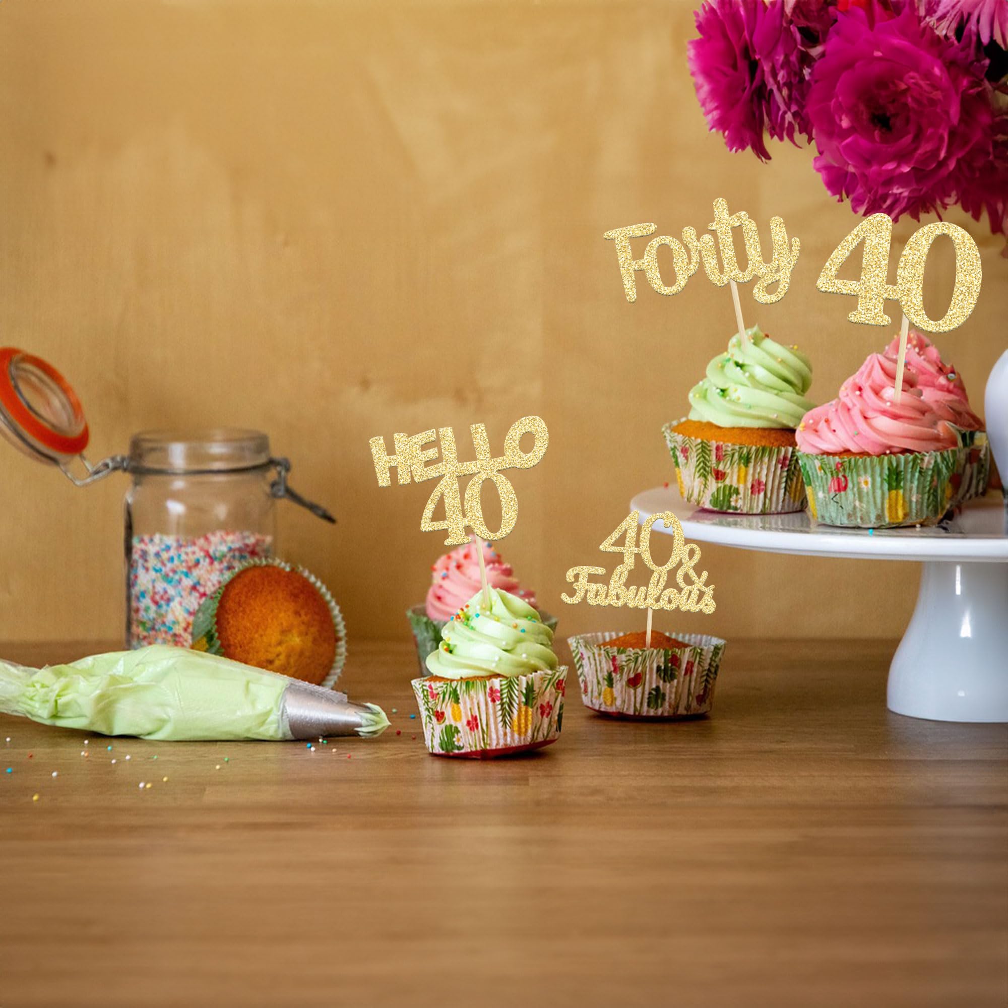 24Pcs Gold Glitter 40th Birthday Cupcake Toppers - Hello 40 Forty Cake Decorations & Fabulous Cupcake Picks for 40th Birthday Party Supplies | Perfect for Anniversary Celebrations, Milestone Birthdays, and Festive Dessert Decorations