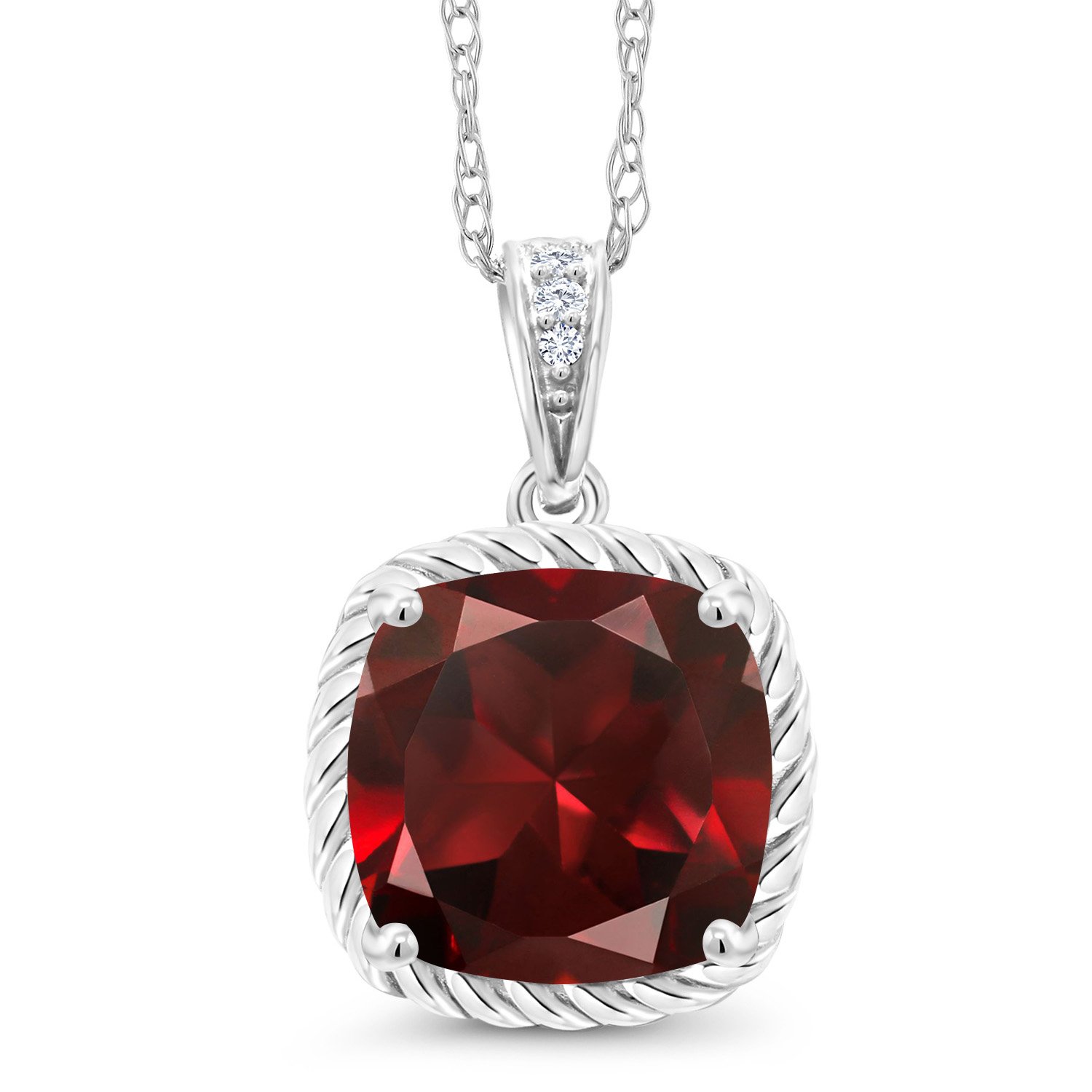 10K White Gold Cushion 8MM Gemstone Birthstone & Diamond Pendant Necklace for Women - 18 Inch Silver Chain | Elegant Jewelry Gift for Birthday, Anniversary & Special Occasions