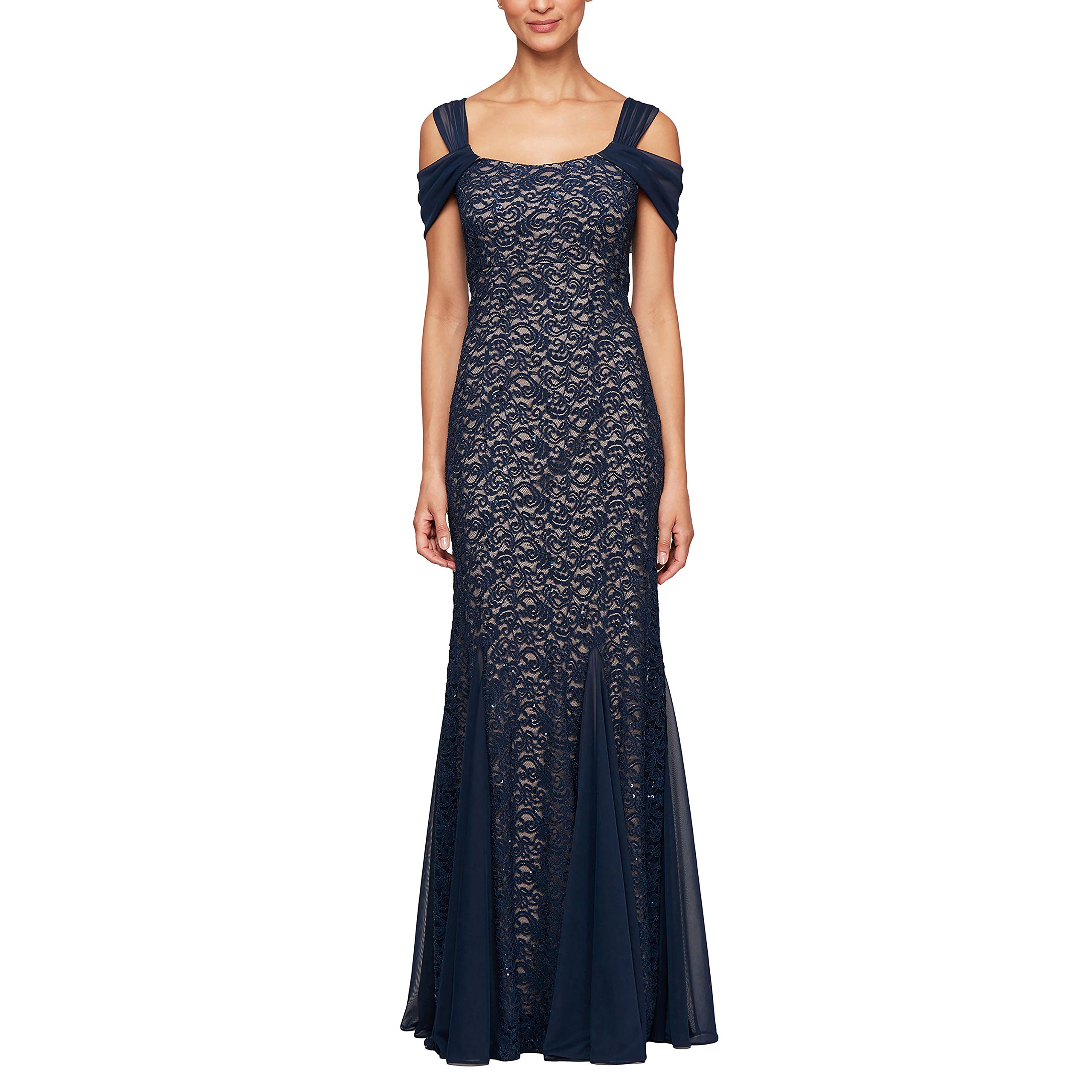 Alex Evenings Women's Long Cold Shoulder Gown - Elegant Mother of The Bride & Wedding Guest Dress for Formal Events (Petite & Regular Sizes) | Perfect for Weddings, Galas, and Special Occasions