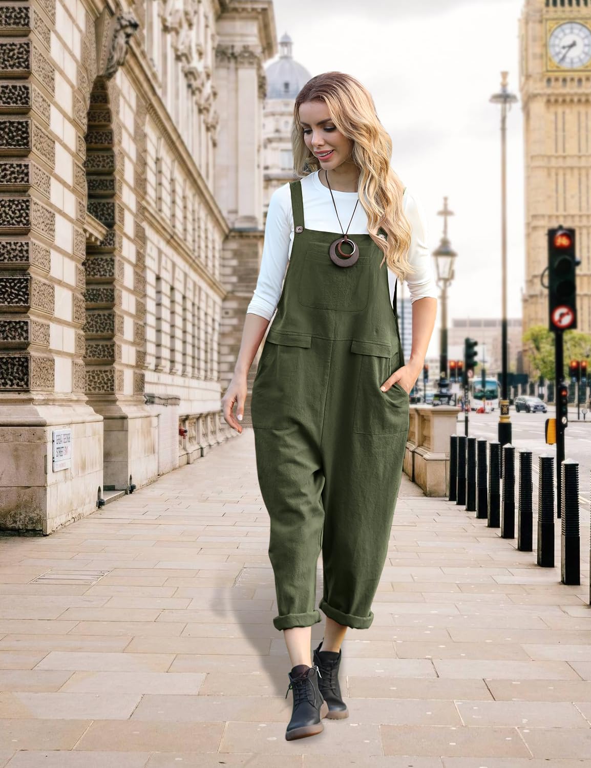 YESNO Women's Casual Loose Bib Overalls - Baggy Romper Jumpsuit with Pockets (PV9) | Comfortable Long Pants for Everyday Wear, Outings & Relaxation