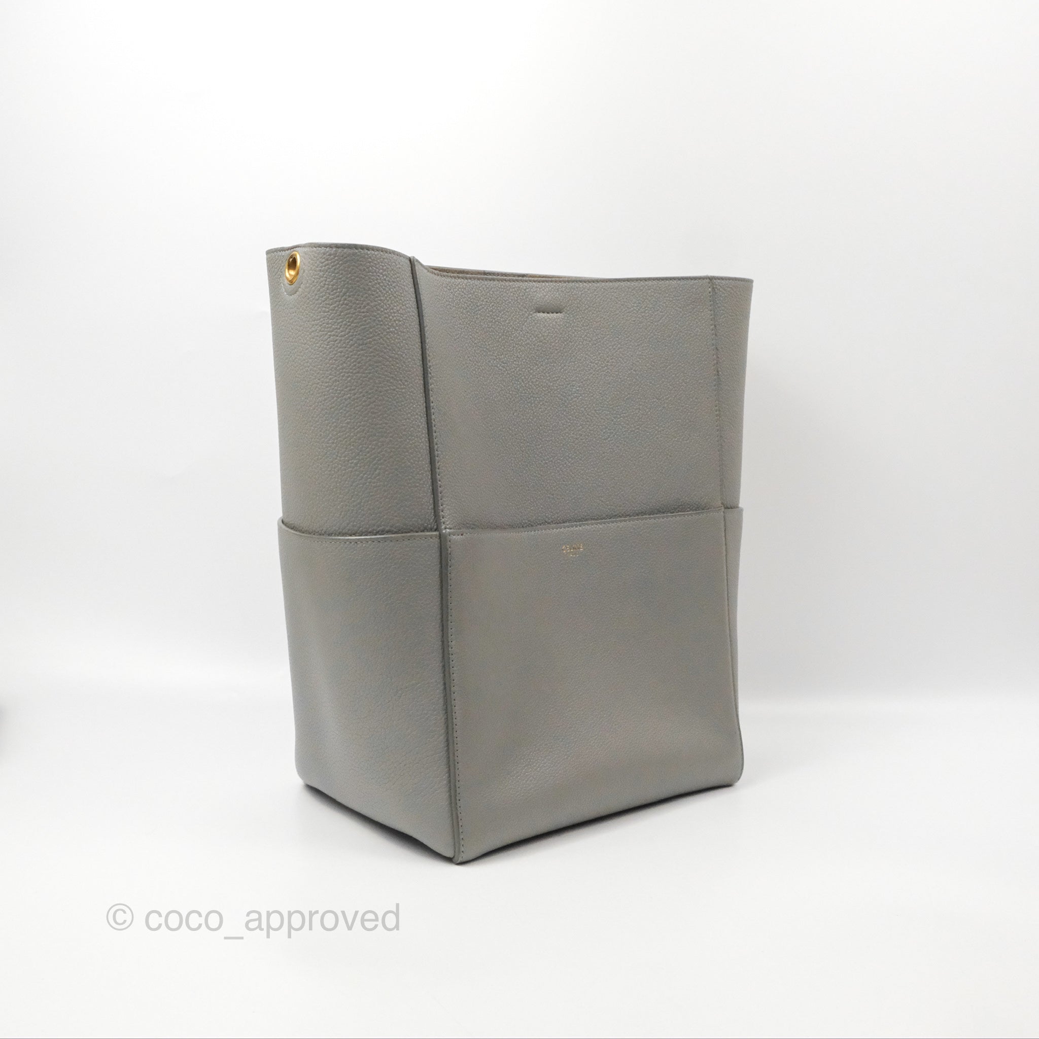 Celine Sangle Bucket Bag in Grey Grained Calfskin Leather - Luxury Crossbody Shoulder Bag for Women, Perfect for Work, Travel & Everyday Use