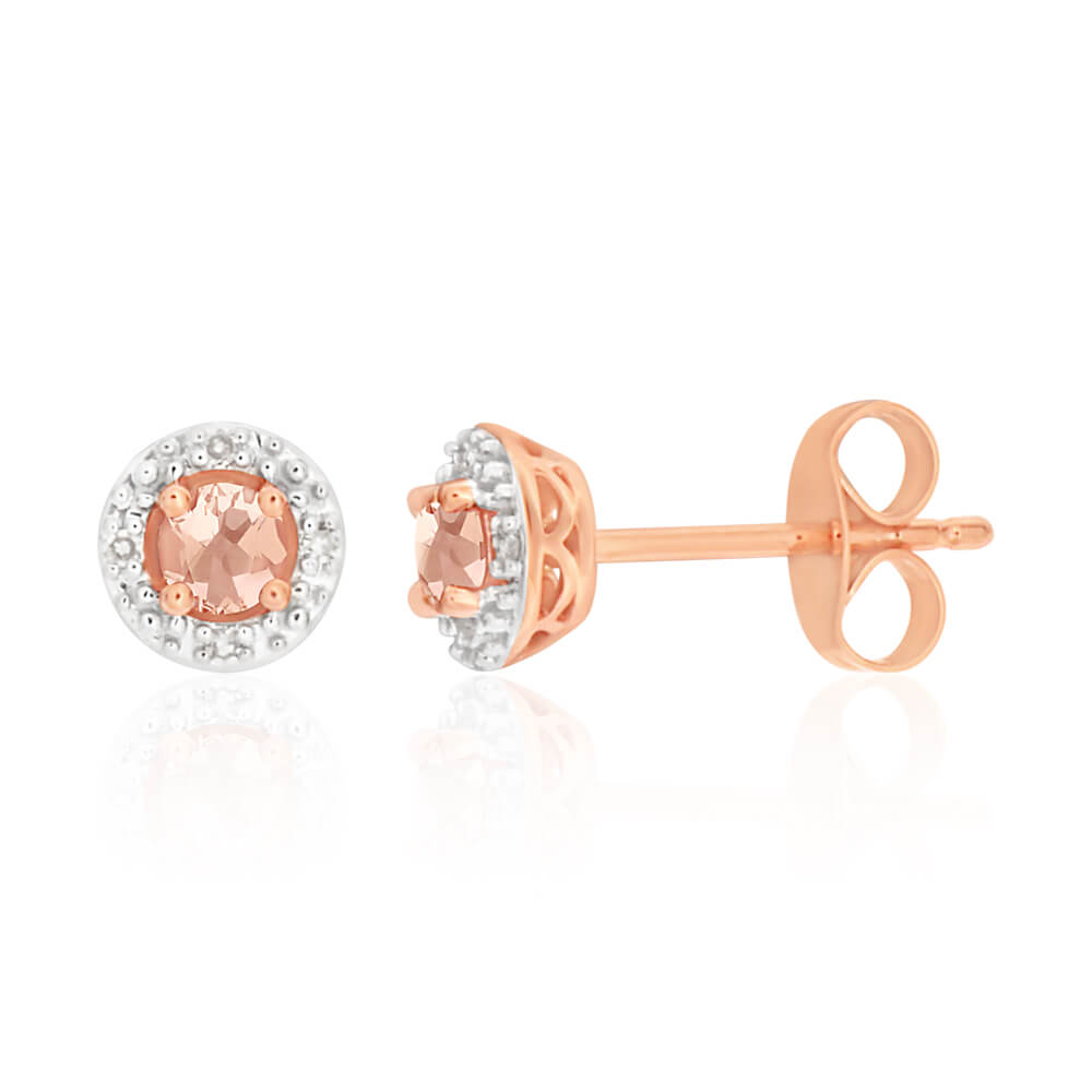 9ct Rose Gold Morganite and Diamond Halo Stud Earrings for Women - Elegant Gift for Anniversary, Valentine's Day & Special Occasions