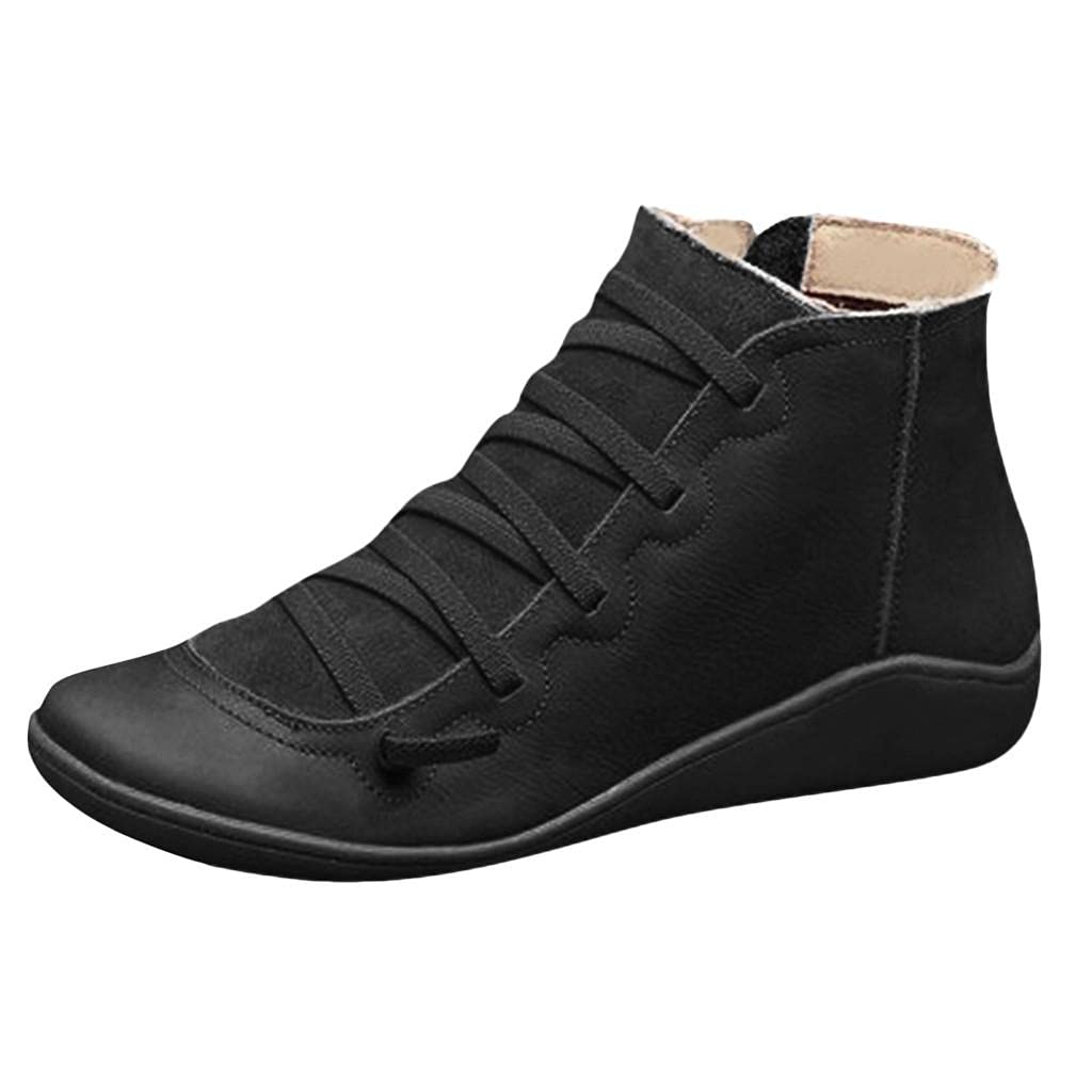 Stylish Women's Retro Leather Lace-Up Ankle Boots with Side Zipper - Round Toe Solid Color Dressy Booties for Fall Fashion, Office Wear & Night Out