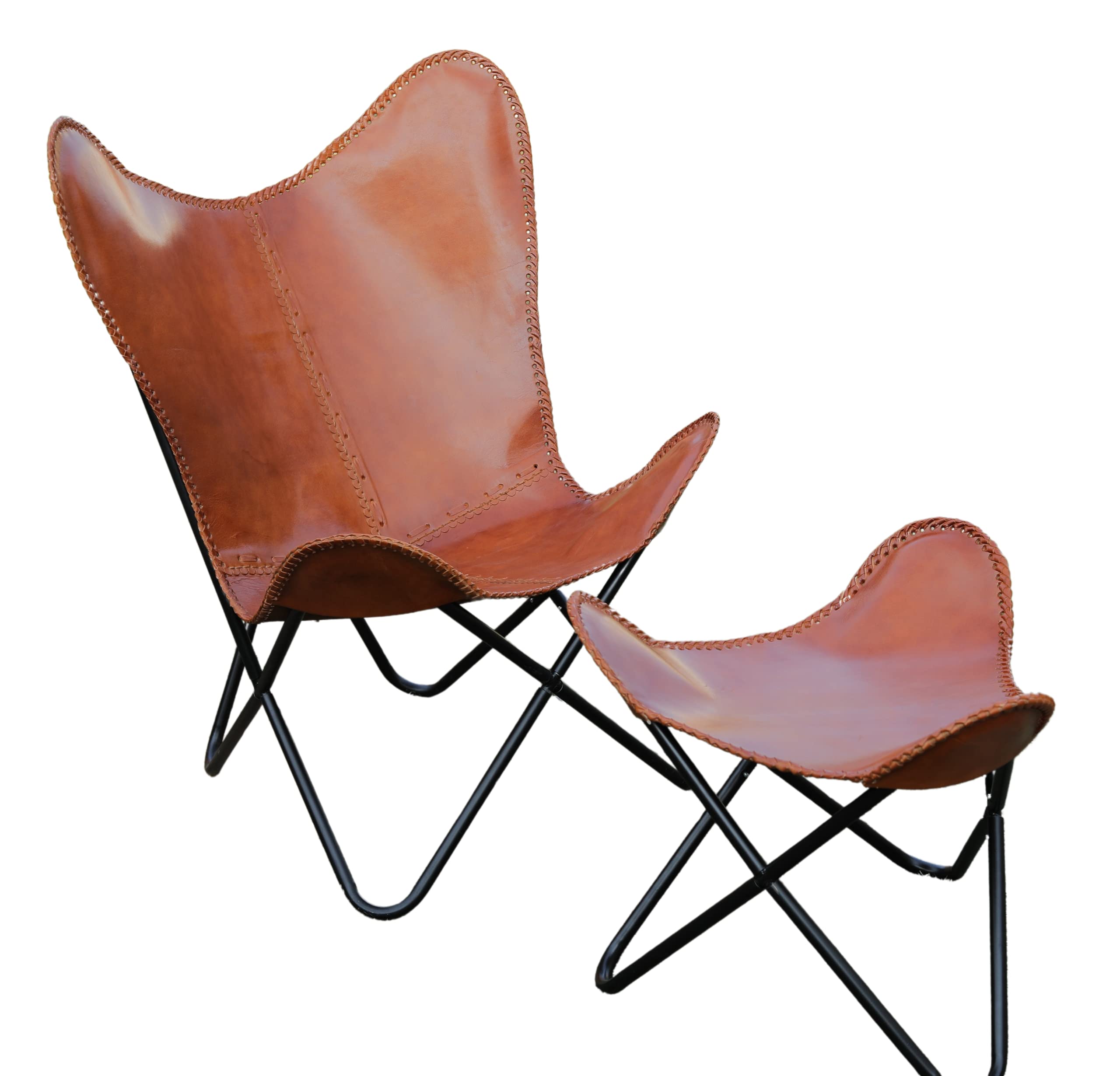 Handmade Genuine Leather Butterfly Chair with Folding Iron Frame - Vintage Brown Living Room Accent Chair with Foot Stool - Perfect for Relaxing, Reading Nook, Lounge Area & Boho Home Decor (Tan Brown)