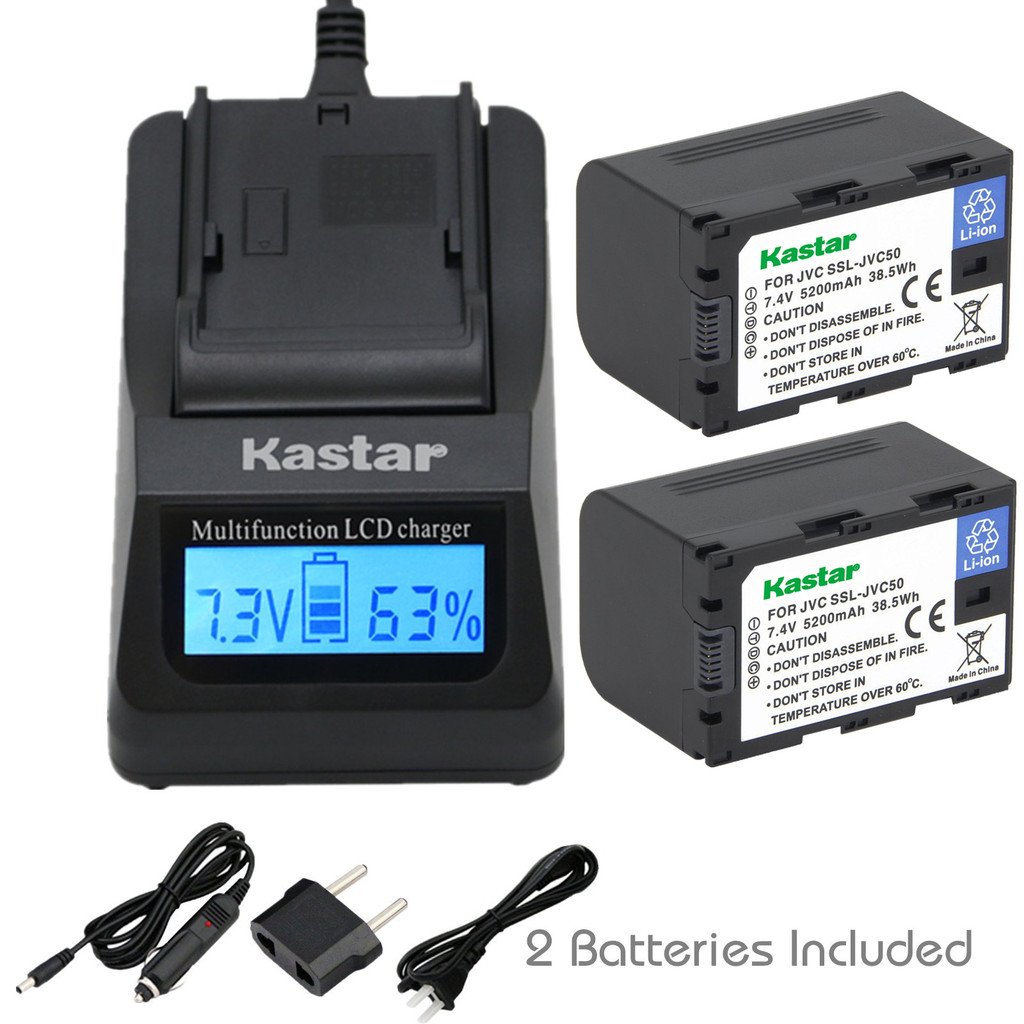 Kastar Ultra Fast Charger Kit with 2-Pack Replacement Battery - 3X Faster Charging for JVC SSL-JVC50, GY-HMQ10, GY-LS300, GY-HM200, GY-HM600, GY-HM600E, GY-HM600EC, GY-HM650 Camcorders - Perfect for Professional Videography & Travel Filming