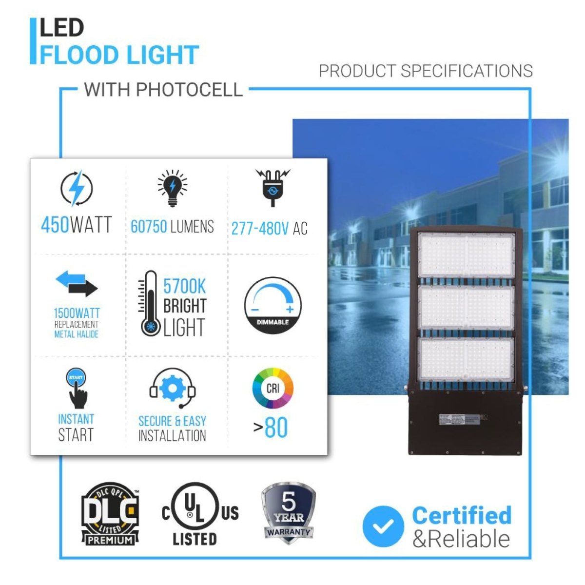 450W LED High Output Flood Light with Photocell - 5700K Daylight White - AC277-480V High Voltage - Dusk to Dawn Security Light - IP65 Waterproof - Bronze Finish - 20KV Surge Protector - for Garden, Yard, Parking Lot, Stadium & Arena Lighting (Outdoor Security & Landscape Illumination)