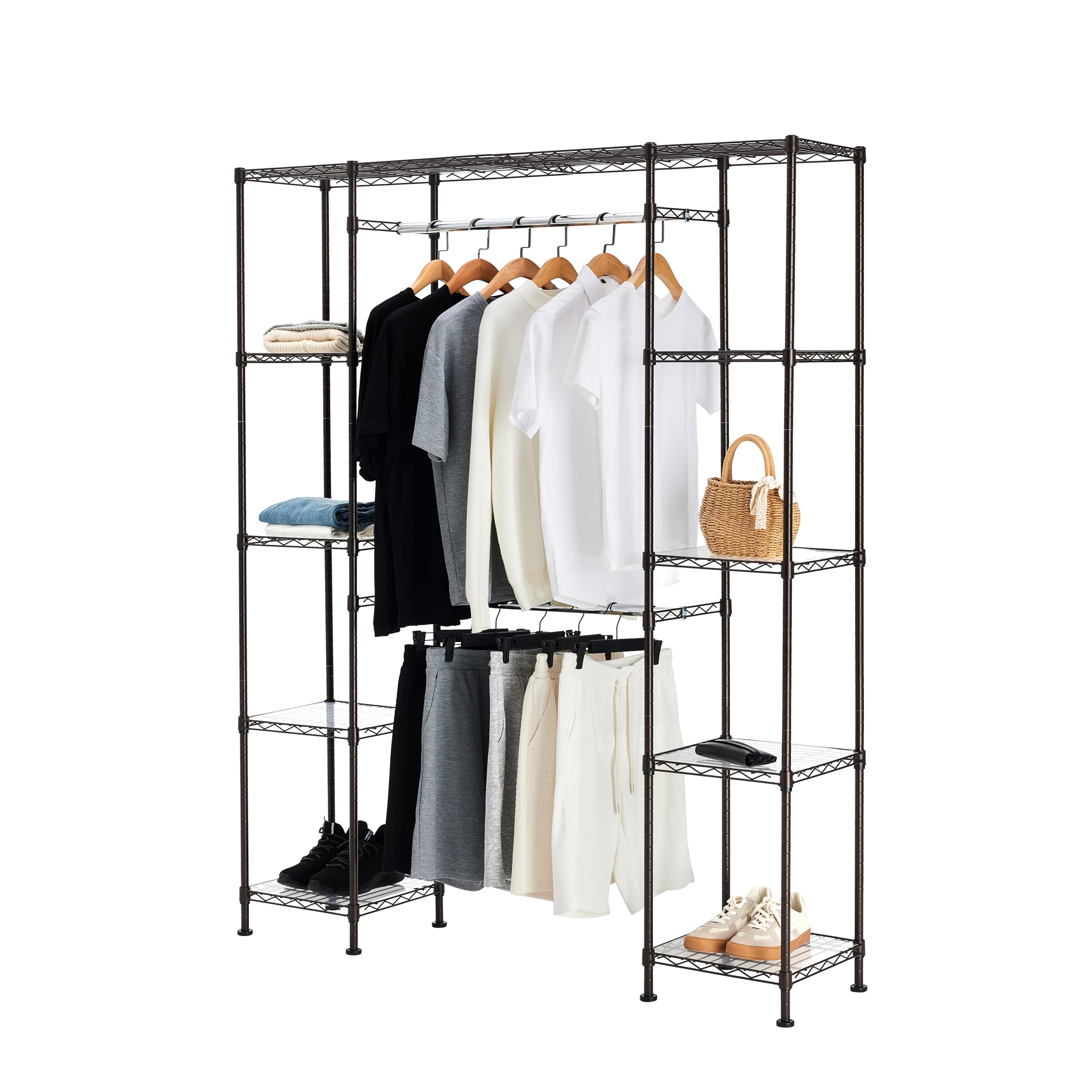 Amazon Basics Expandable Metal Hanging Closet Organizer - Adjustable Wardrobe Storage Rack with Shelves, 57-80 Inches Length, 14 Inches Width, 72 Inches Height, Bronze Finish - Perfect for Bedroom, Closet, Laundry Room & Dorm Organization