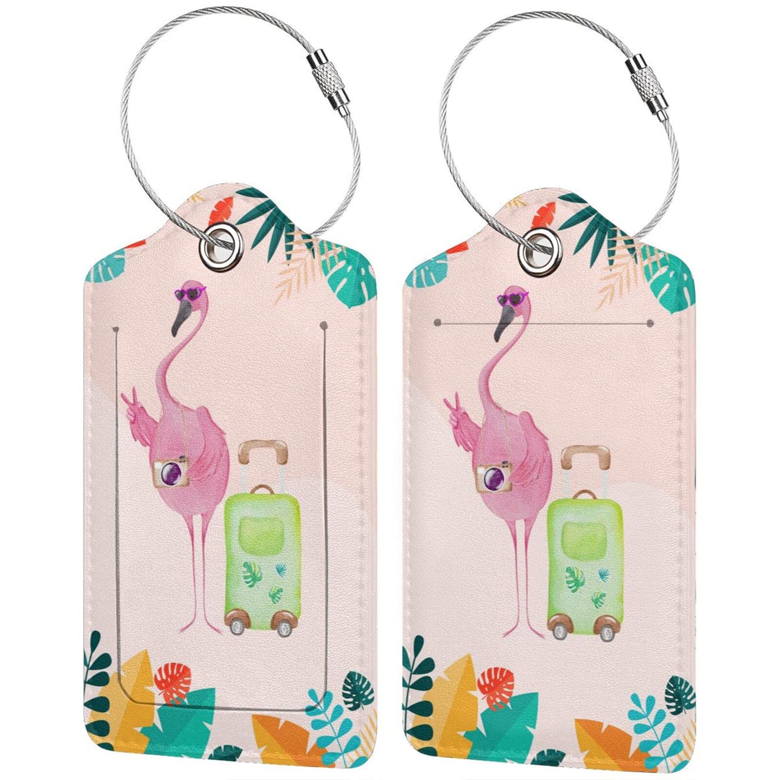 Flamingo 2-Piece Luggage Tags Set with Privacy Cover ID Label - Stainless Steel Loop & Address Card for Suitcases, Travel Bags & Backpacks | Perfect for Air Travel, Cruise Vacations & Business Trips