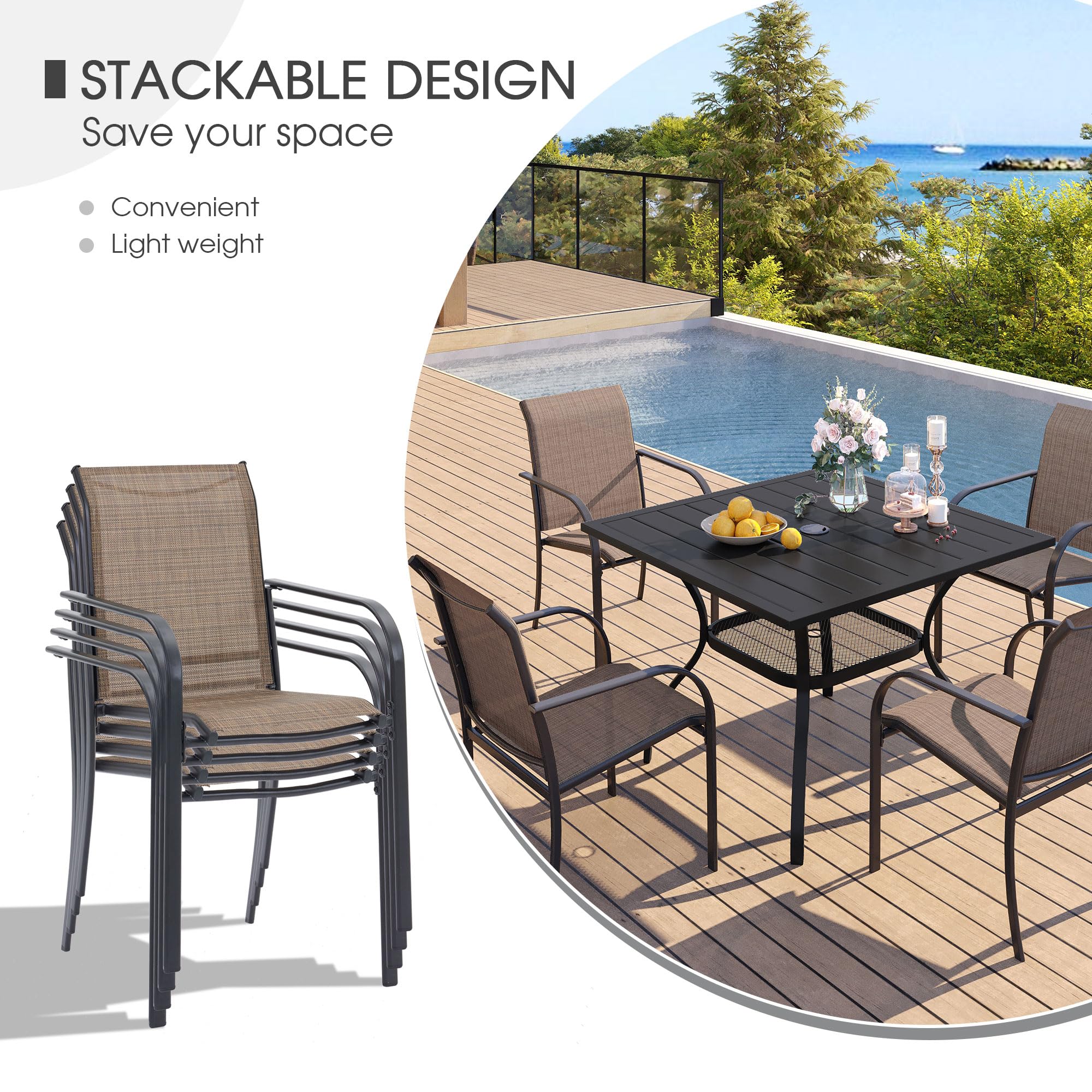 VICLLAX 3-Piece Outdoor Dining Set for 2 - Small Patio Table & 2 Stackable Sling Chairs - Walnut Table with Brown Chairs - Perfect for Backyard, Garden, Balcony or Small Outdoor Spaces