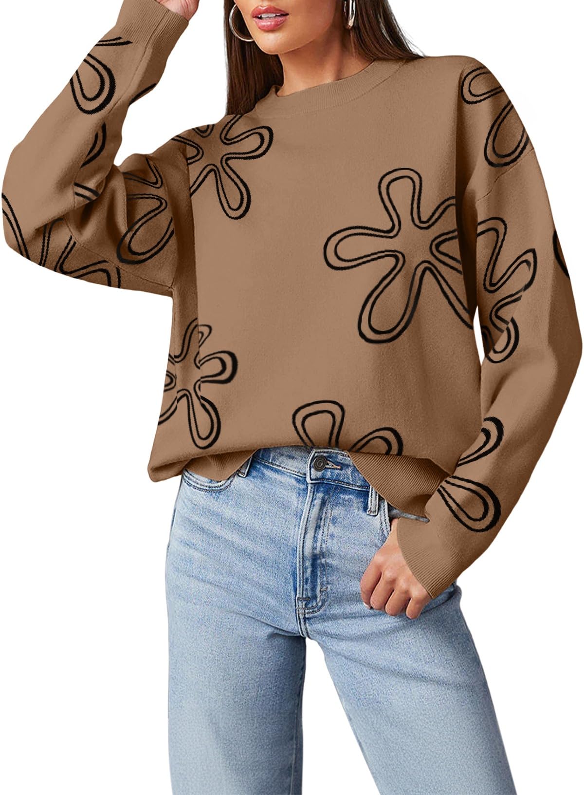 Women's Casual Floral Print Cable Knit Pullover Sweater - Long Sleeve Crewneck Top for Fall & Winter | Perfect for Office, Date Night & Cozy Weekends