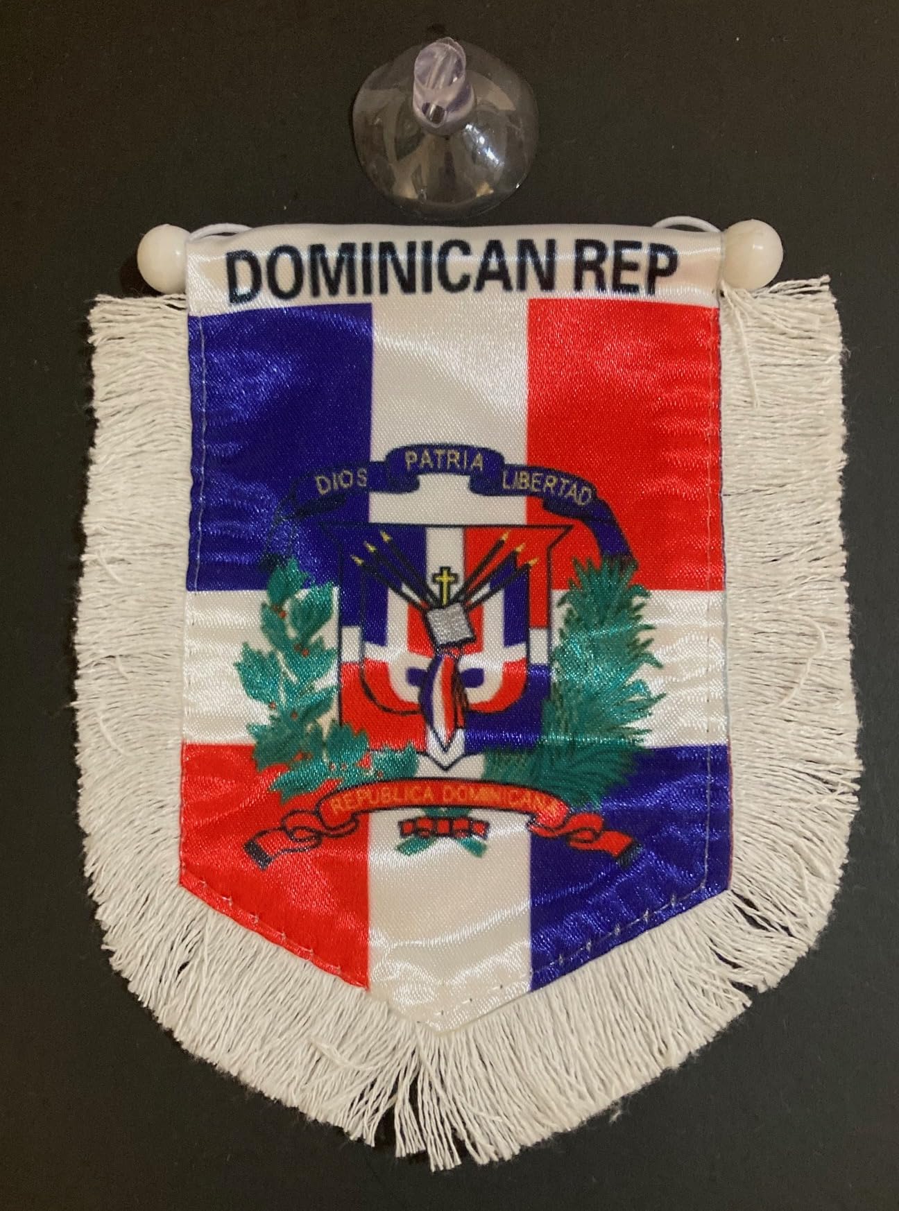 Dominican Republic Car Flag - Rearview Mirror Hanging Accessory with White Trim | Patriotic DR Flag Decor for Vehicles | Perfect for Travel, Sports Events & National Pride Displays