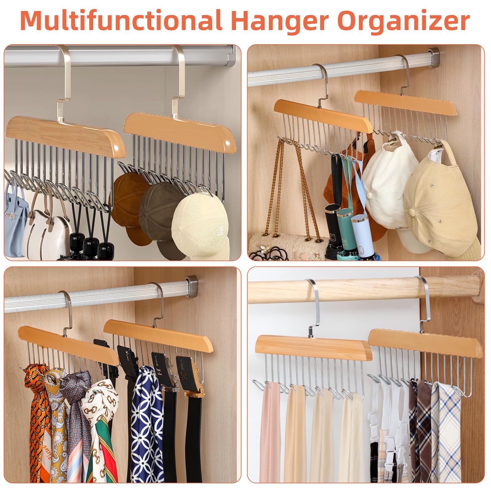 2-Pack Anti-Slip Multi Hook Coat Racks - 360° Swivel Belt Hanger with 8 Hooks for Closet Organizer - Perfect for Belts, Ties, Tank Tops, Bras & Scarves - Space-Saving Storage Solution for Bedroom, Closet or Dorm Organization