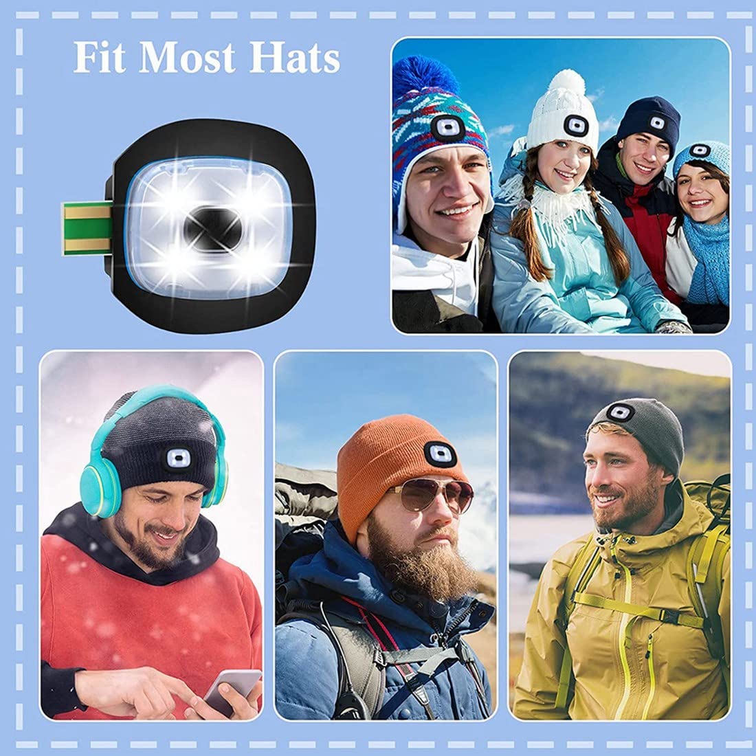 USB Rechargeable LED Knit Beanie Light - 4 Pack with 3 Brightness Modes (Strong/Medium/Weak) for Outdoor Activities, Camping, Hiking & Night Running