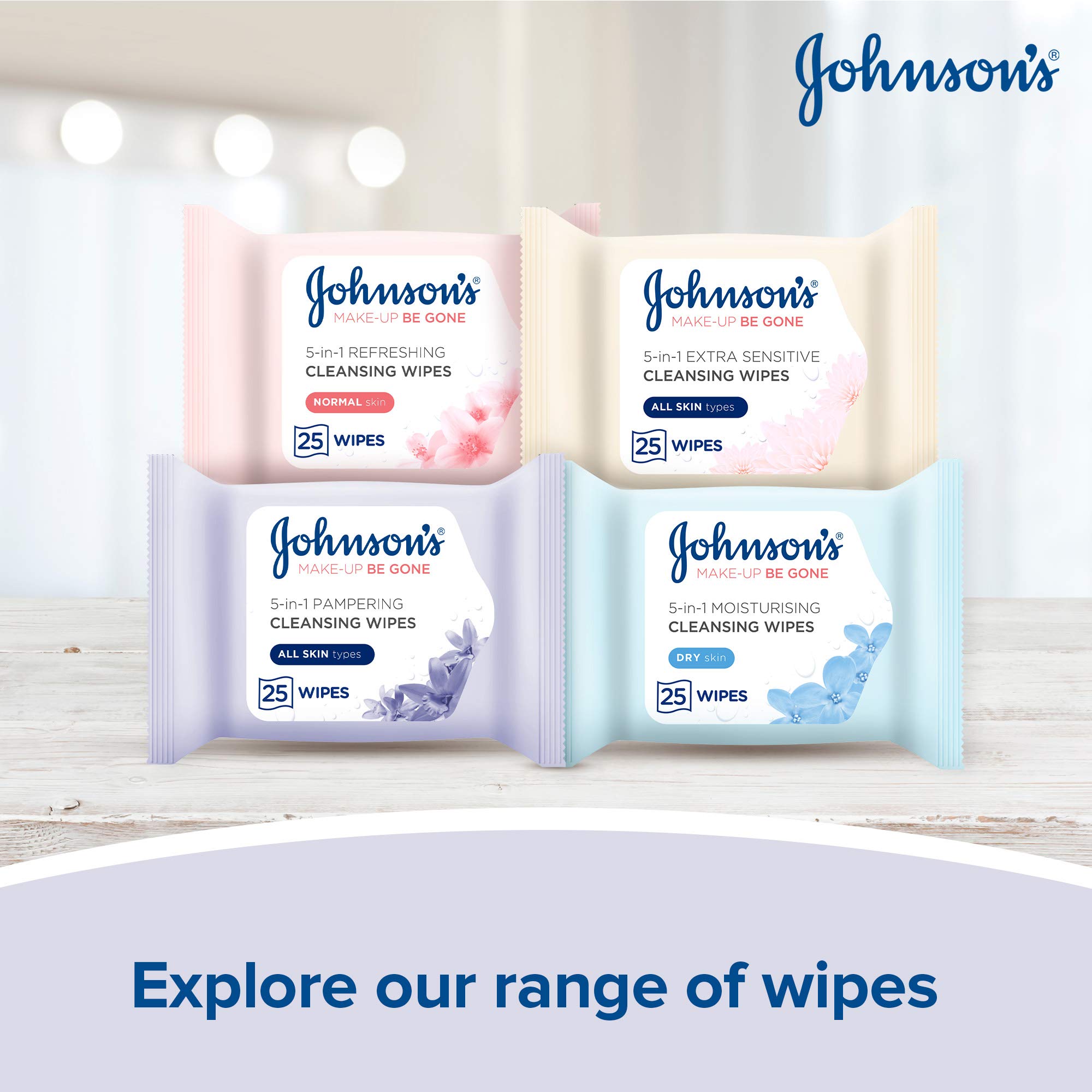 Johnson's Make Up Be Gone Pampering Wipes - Moonflower Scented Facial Cleansing Wipes (25 Count, Pack of 5) | Gentle Makeup Remover for Sensitive Skin | Perfect for Travel, Gym & Quick Refresh