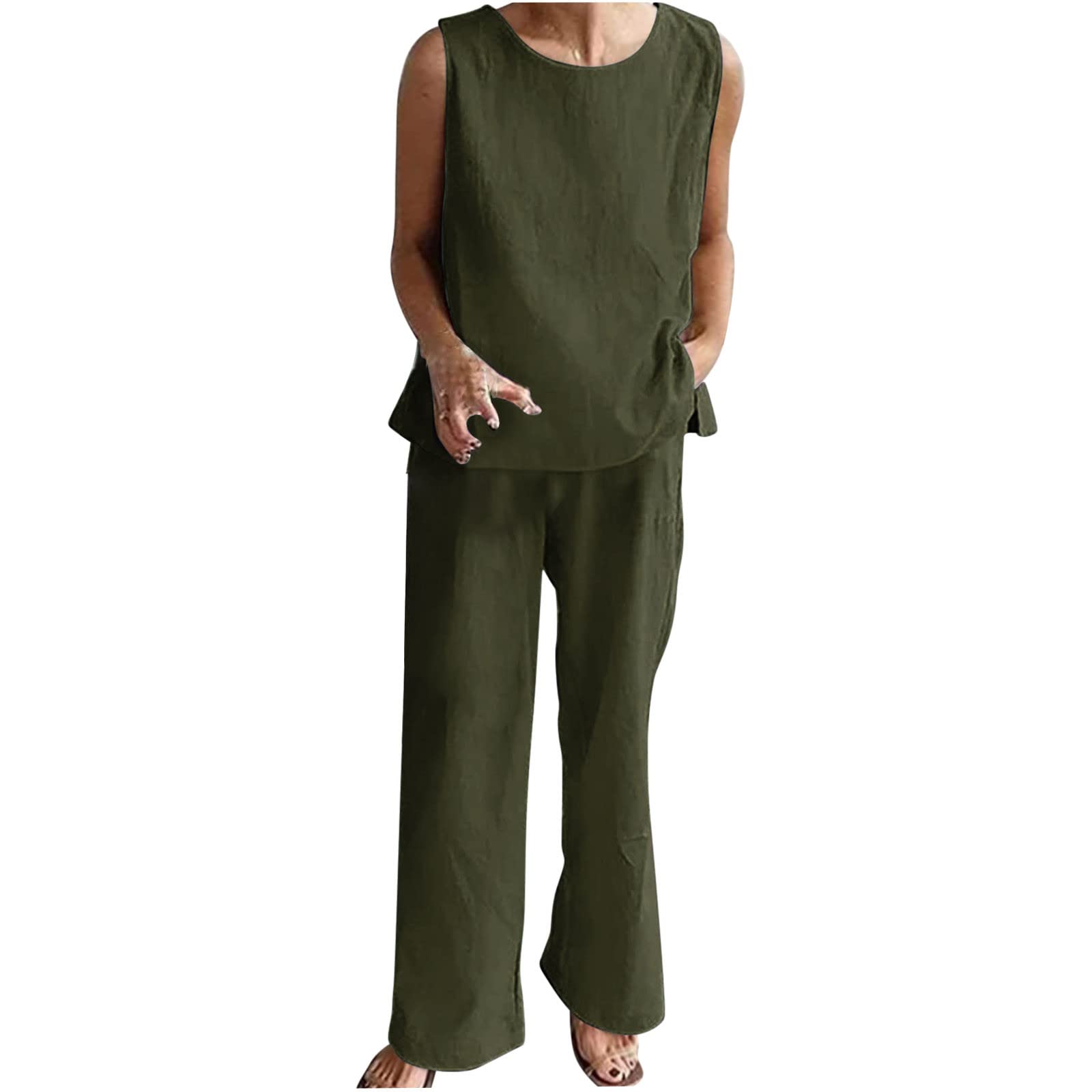 Women's Linen Two-Piece Set - Sleeveless Summer Top & Pants Outfit | Breathable Casual Beachwear for Vacation, Travel & Outdoor Activities