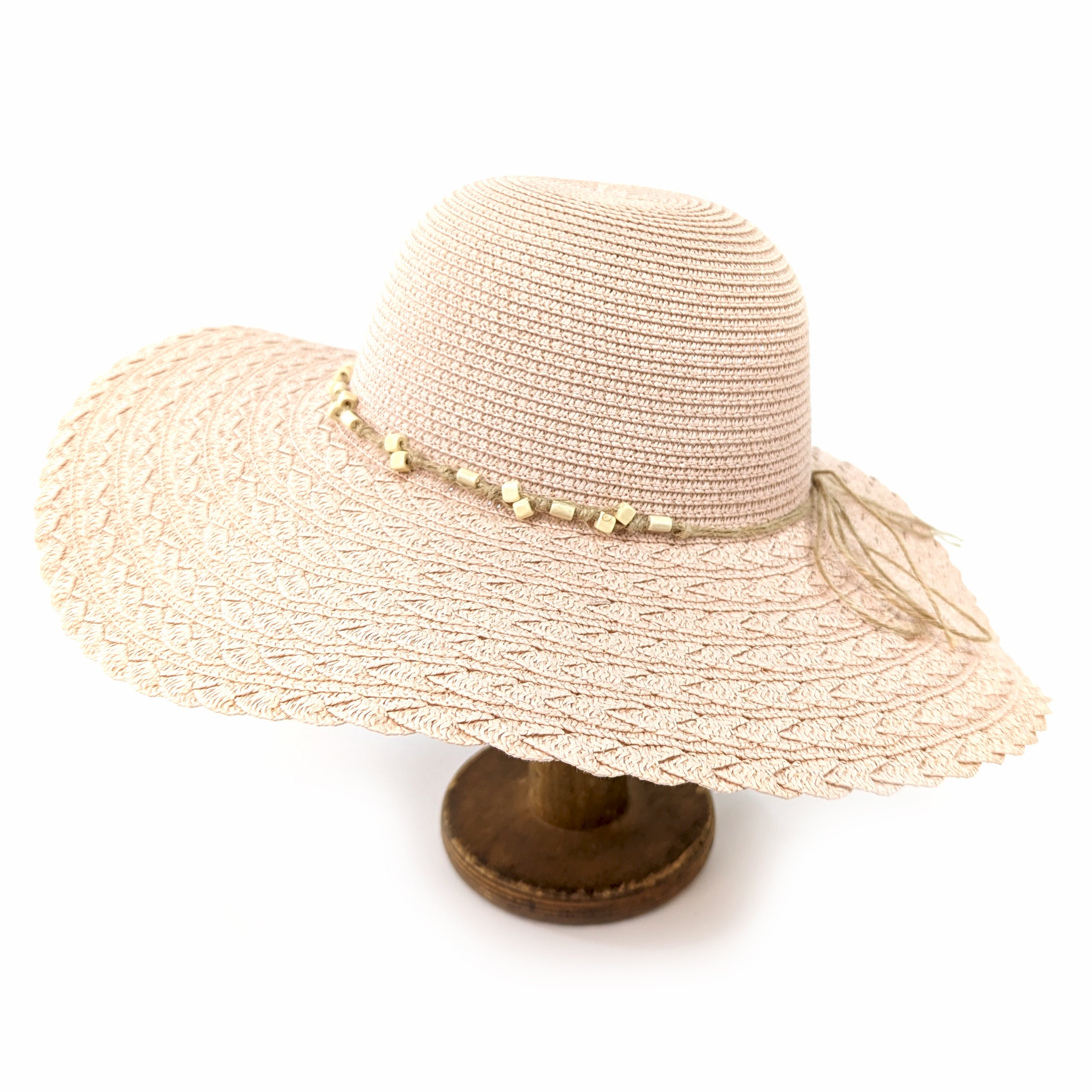 Foldable Wide Brim Sun Hat with Pink Beaded Band (57cm) - UPF 50+ UV Protection for Women, Travel, Beach & Outdoor Activities
