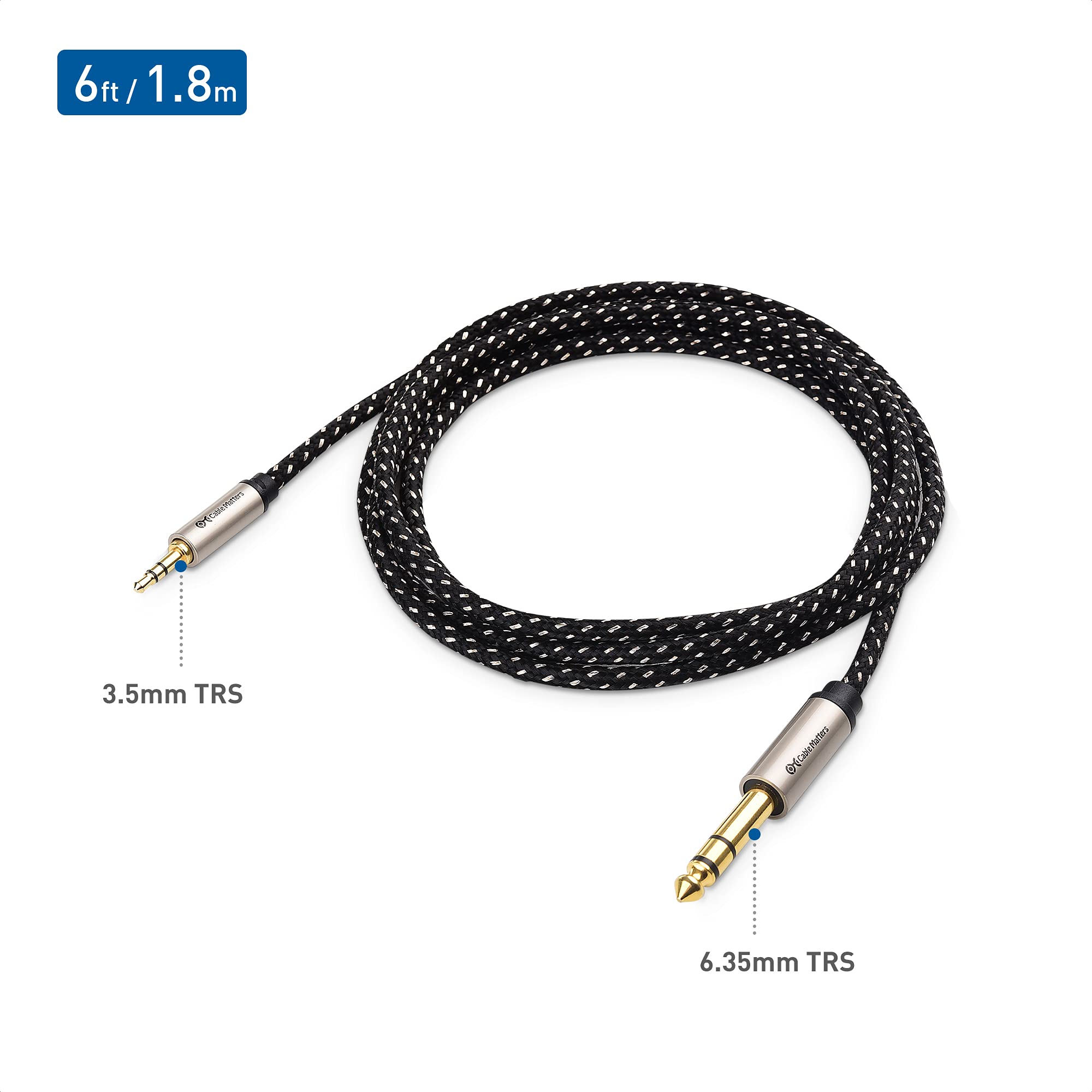 Premium Braided 3.5mm to 1/4 Inch Audio Cable 6ft - Gold Plated Stereo Aux Cable for Headphones, Speakers & Studio Equipment - Durable Nylon Shielded Cord for Home, Office & Professional Audio Setup