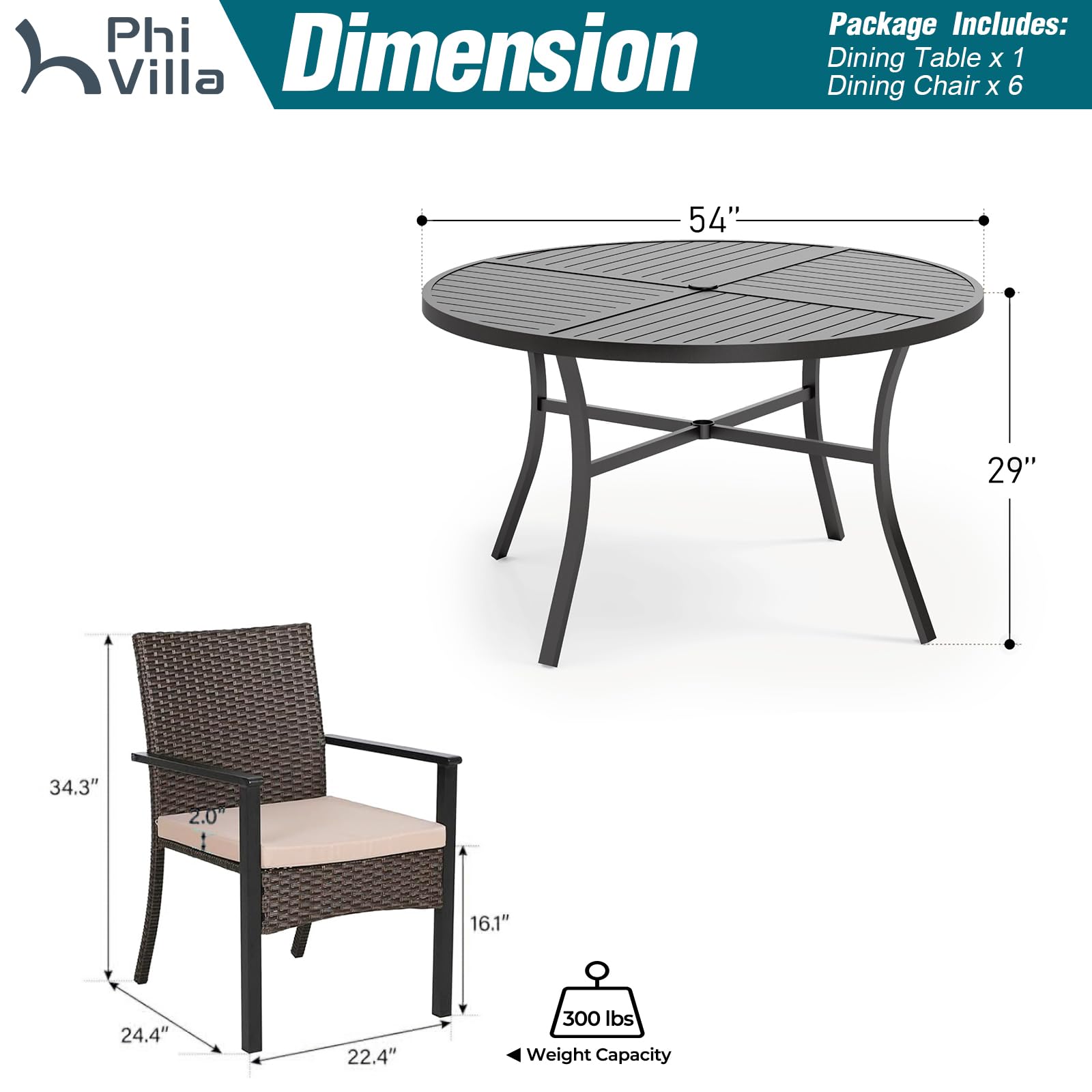 PHI VILLA 7-Piece Outdoor Patio Dining Set - Round Metal Table with Umbrella Hole & 6 Cushioned Wicker Chairs - Weather-Resistant Rattan Furniture for Garden, Backyard, Deck or Porch - Perfect for Family BBQs, Outdoor Entertaining and Summer Gatherings