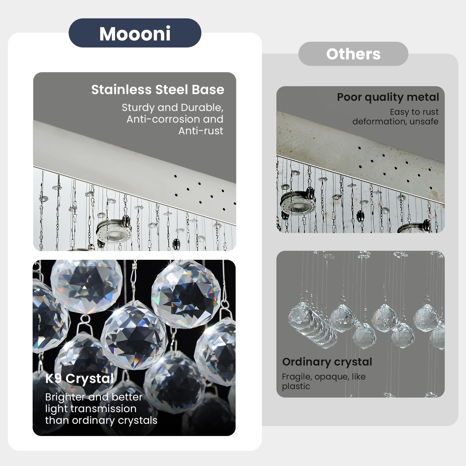 Moooni Modern Rectangular Crystal Chandelier - 10-Light Raindrop Pendant Ceiling Light Fixture for Dining Room, Foyer, Kitchen (47