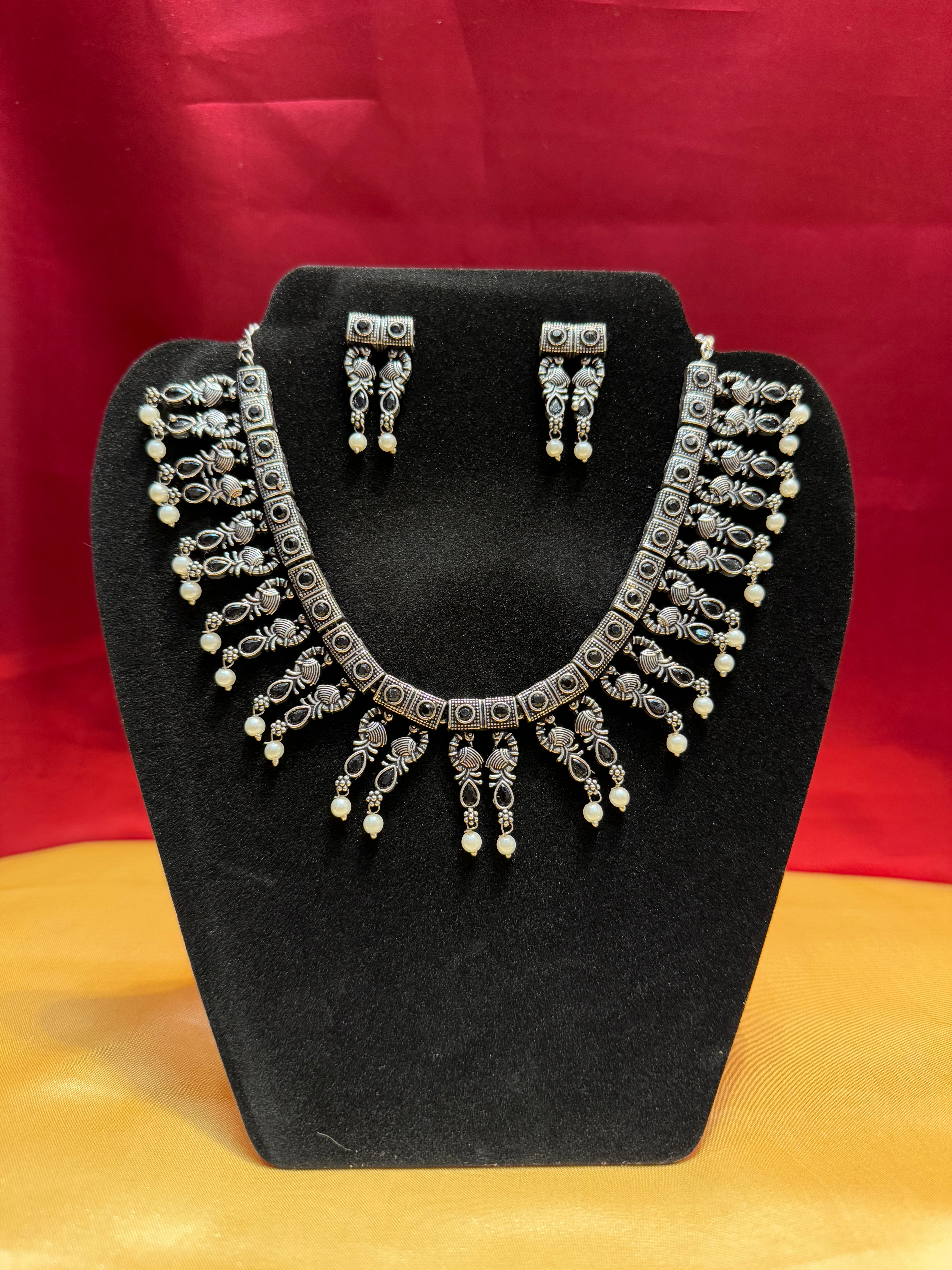 Elegant Black Oxidized Pearl Drop Necklace & Earrings Set - Perfect for Evening Parties, Weddings & Special Occasions