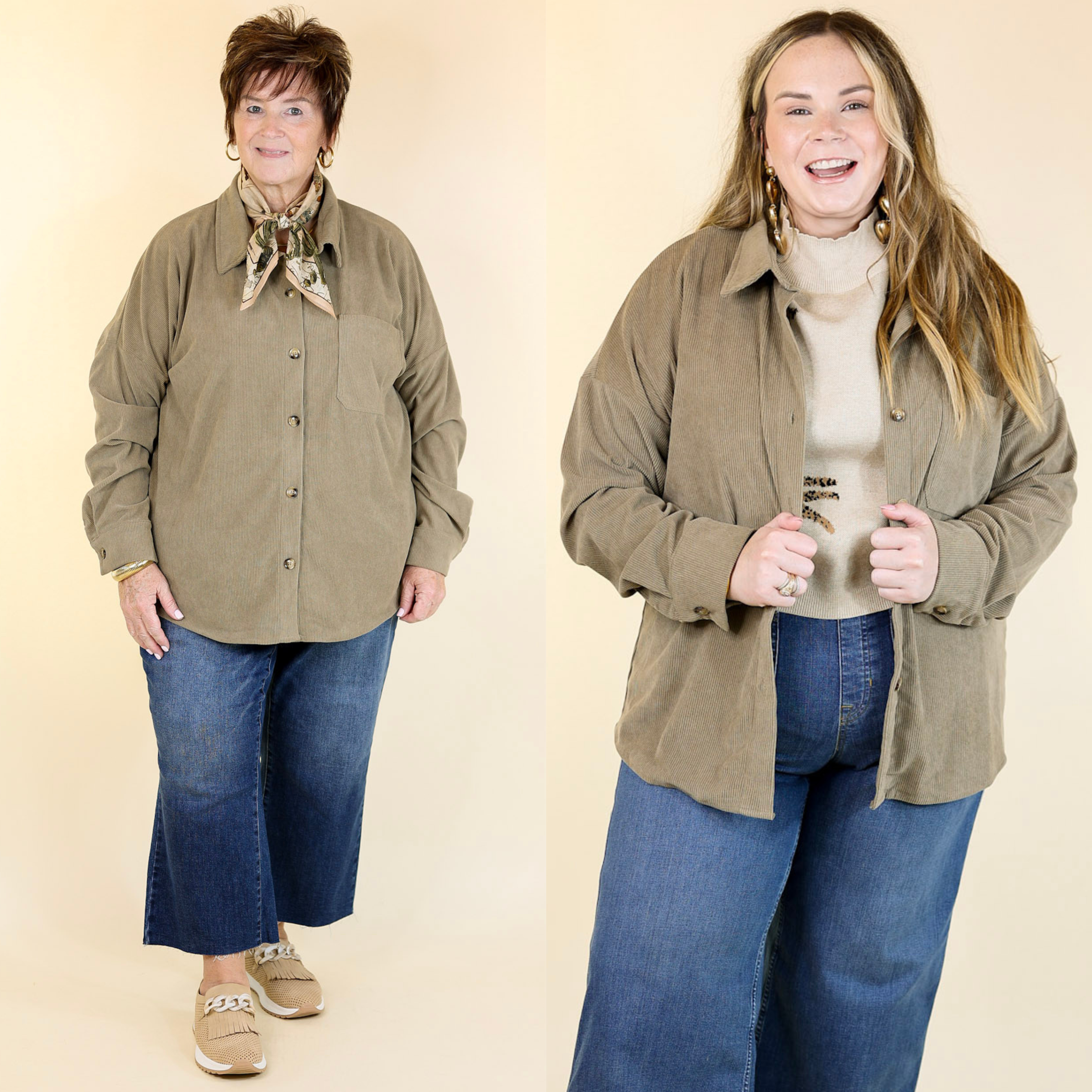 Stylish Olive Green Corduroy Button-Up Shacket for Women - Cozy Fall & Winter Layering Essential | Perfect for Casual Outings, Workwear & Outdoor Adventures