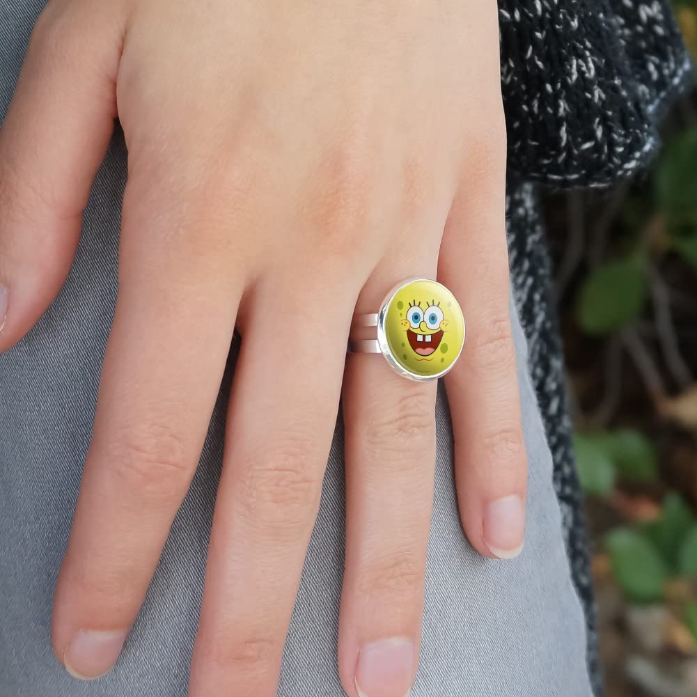 SpongeBob SquarePants Goofy Smile Face Silver Plated Adjustable Ring - Fun Cartoon Character Jewelry for Cosplay, Gifts, and Everyday Wear